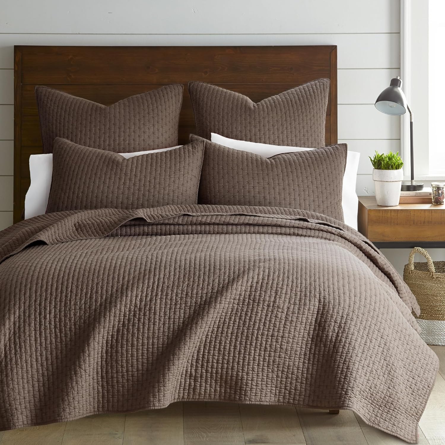 Levtex Home – Juego de edredón de punto de cruz de cacao – 100% algodón – Colcha matrimonialQueen (88 x 92 pulgadas) + 2 fundas estándar (26 x 20
