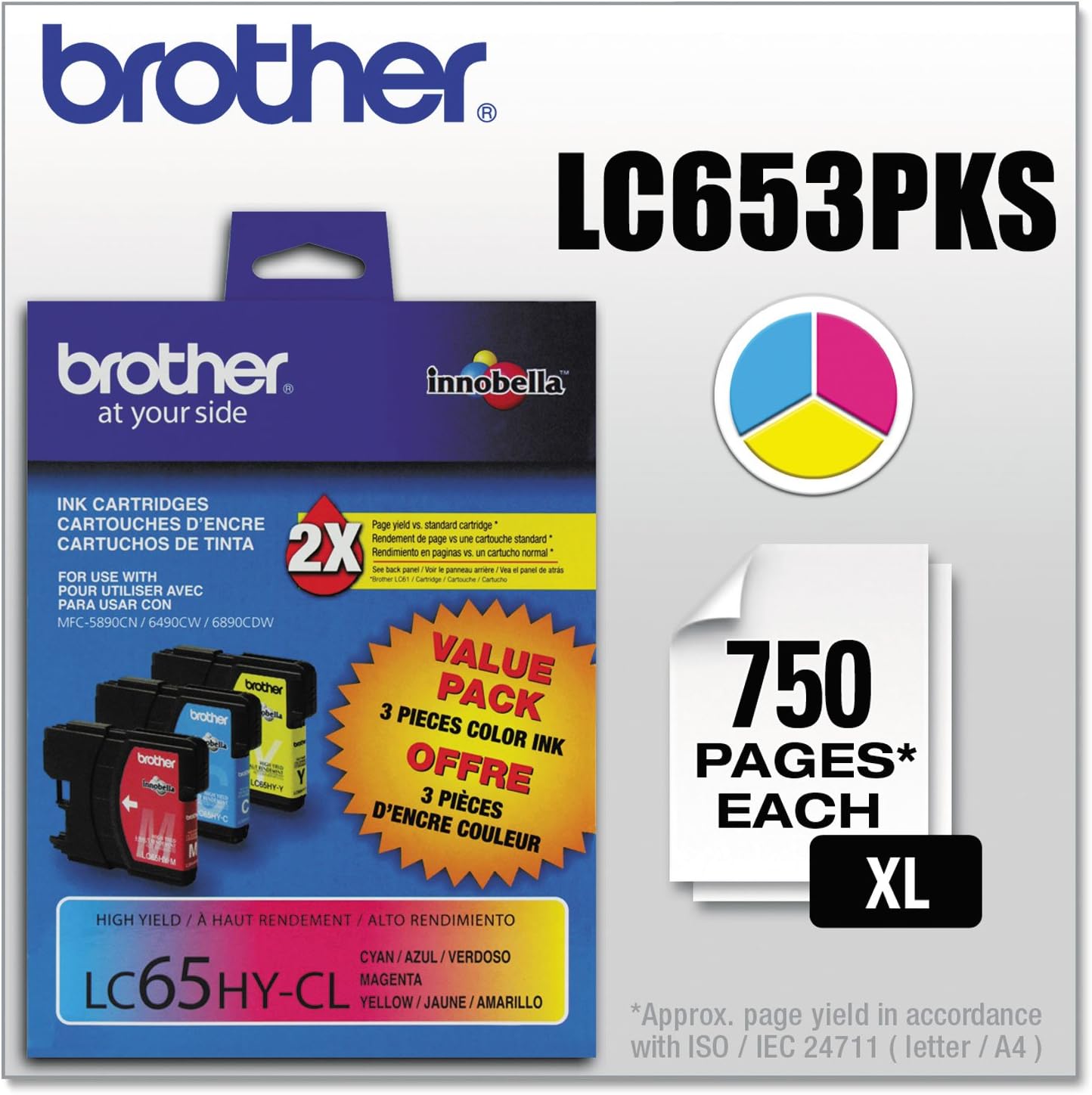 Brother LC653PKS LC65HY-CL – Cartucho de tinta de color – Paquete de 3 – CianMagentaAmarillo