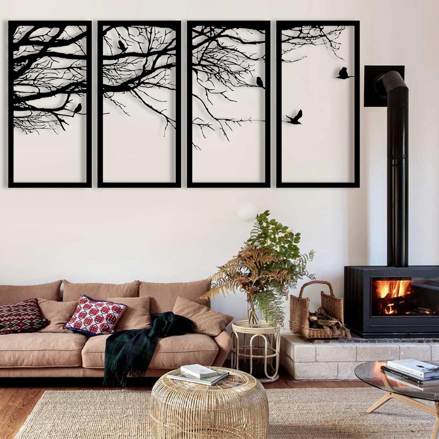 Arte de pared de metal, 4 paneles de decoración del árbol de la vida, decoración de árbol de metal, colgantes de pared de metal, letrero de árbol,