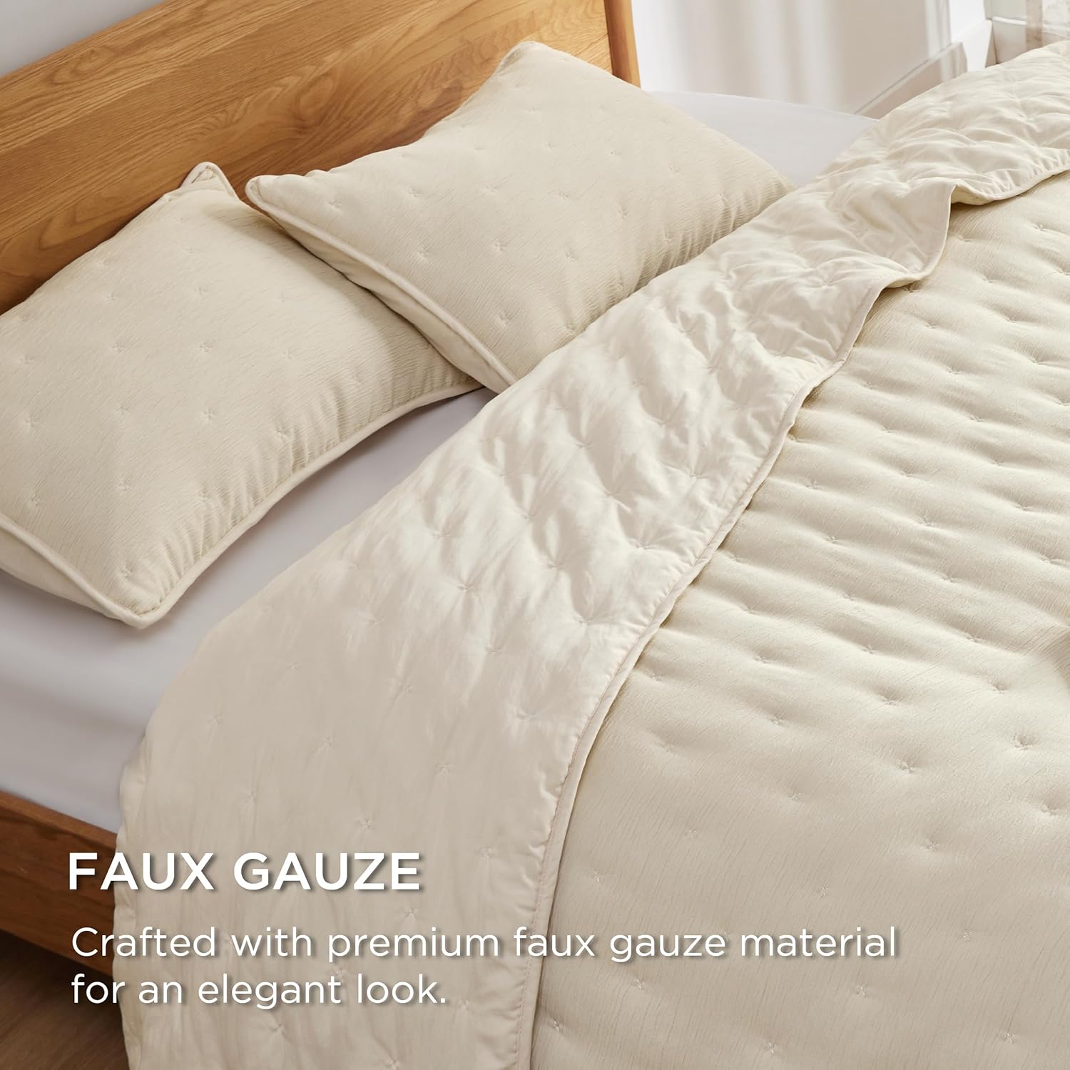 Bedsure Colcha beige tamaño King  Juego de ropa de cama ligero y suave para todas las estaciones, juego de edredón de punto de cruz, 3 piezas, 1