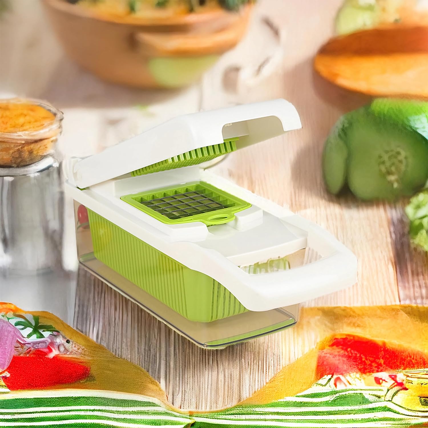 Cortador de verduras definitivo picador multifuncional 14 en 1 con recipiente, rebanar, cortar en dados, espiralizar y rallar para una fácil