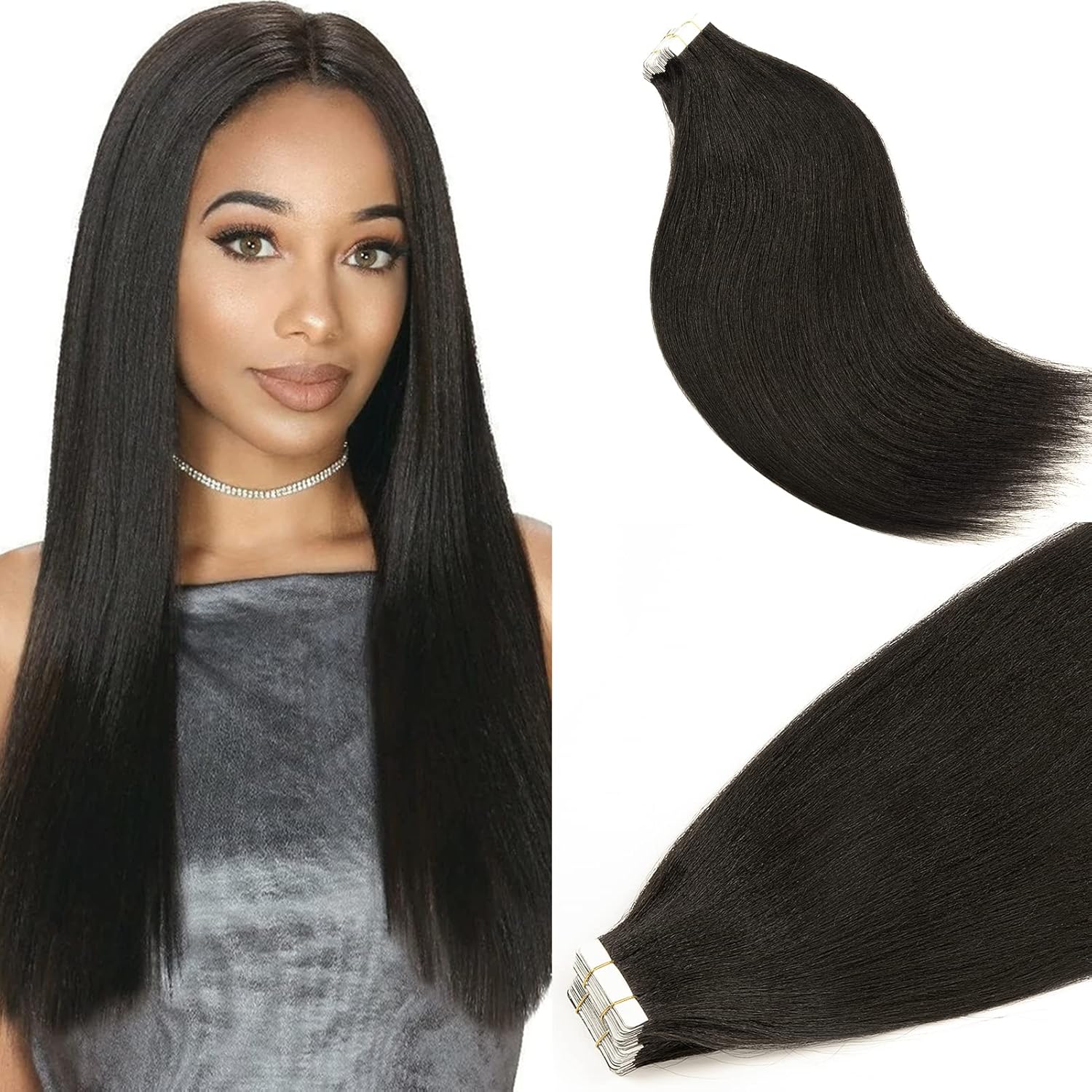 Anrosa Light Yaki – Extensiones adhesivas para mujeres negras, extensiones de cabello lacio Yaki brasileño 10A, color negro natural #1B, extensiones