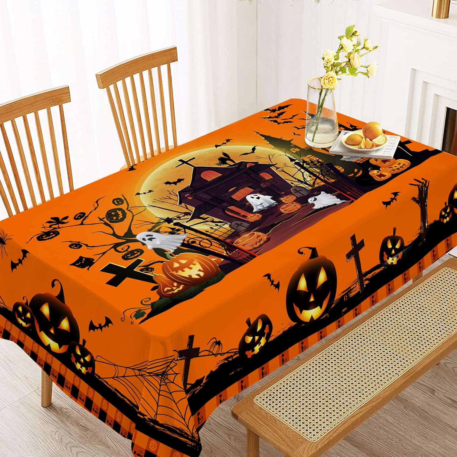 Hexagram Mantel de Halloween, mantel de Halloween para mesas rectangulares de 54 x 108 pulgadas, castillo de Halloween, fantasma, lavable,