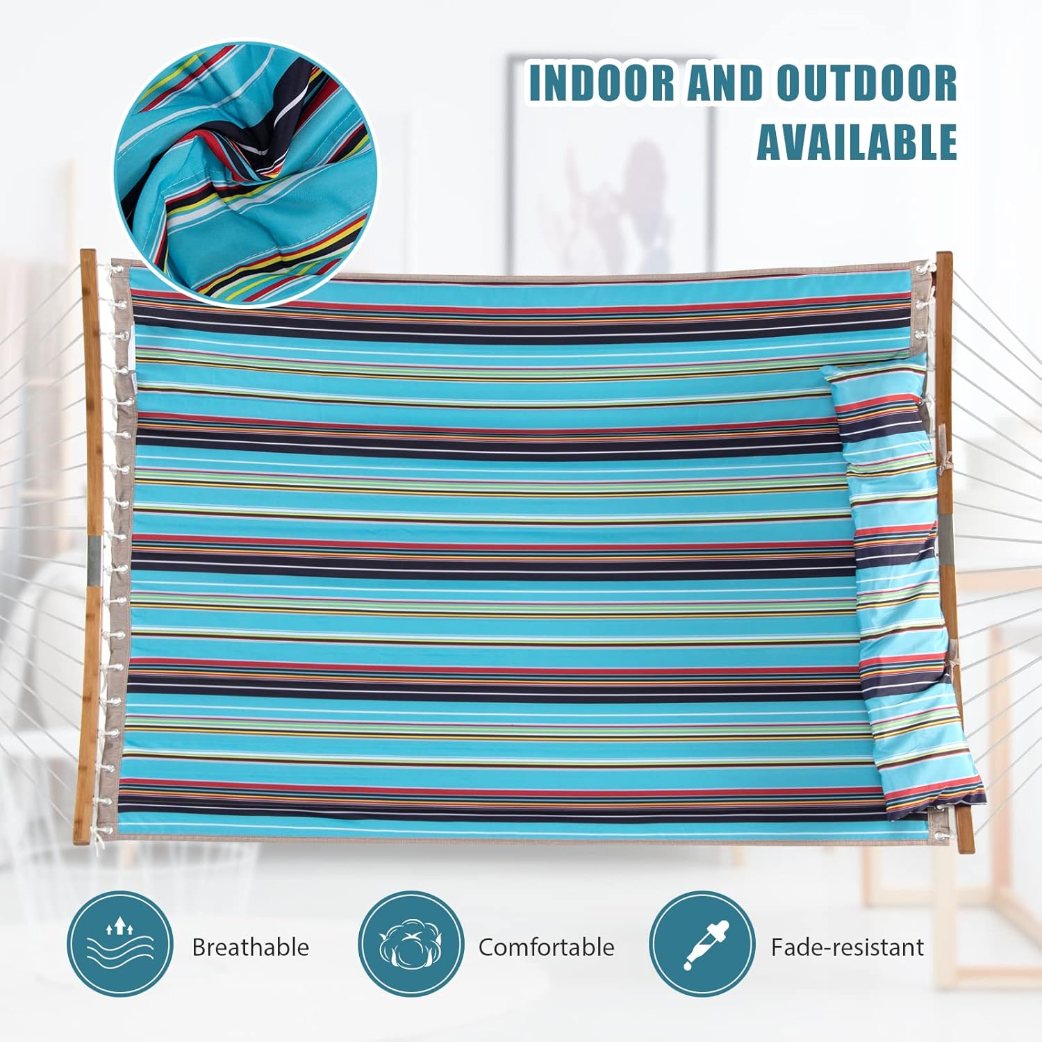Giantex Hamaca con almohada desmontable para colgar al aire libre, hamaca de patio con barra separadora de bambú curvada, cadena de acero, hamaca