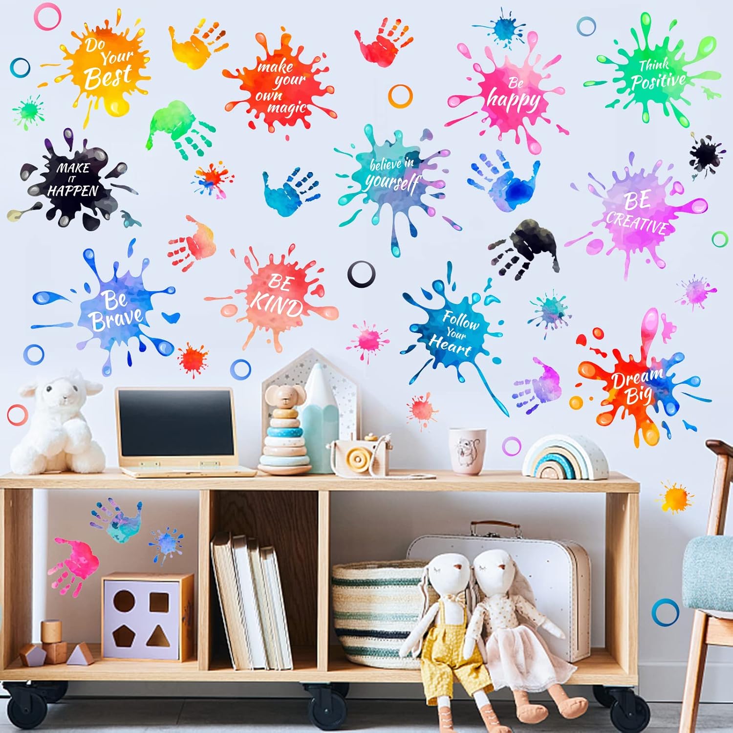 3 hojas coloridas de huellas de manos salpicadas de pintura, citas inspiradoras, calcomanías de pared extraíbles de vinilo para despegar y pegar,