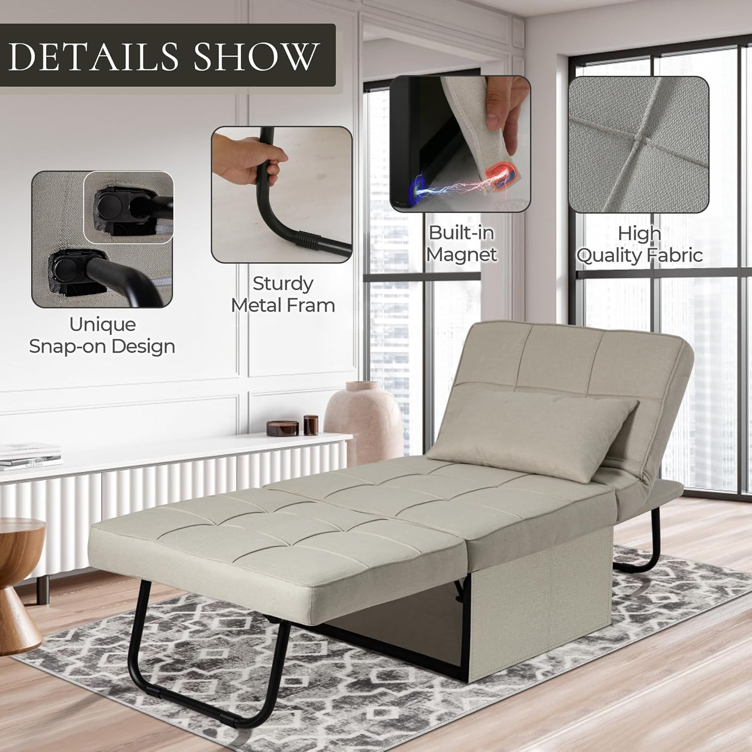 Sofá cama plegable, otomana convertible multifunción 4 en 1, silla de sofá sin montaje con respaldo y almohada ajustables, color beige