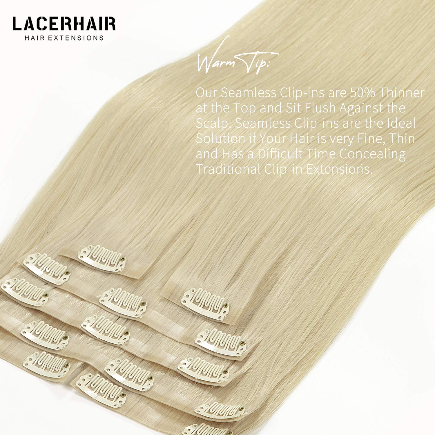 Lacer Extensiones de cabello humano real con clip, ultra sin costuras, grado 9A, cabello Remy, súper invisible, doble cara, trama cutánea de