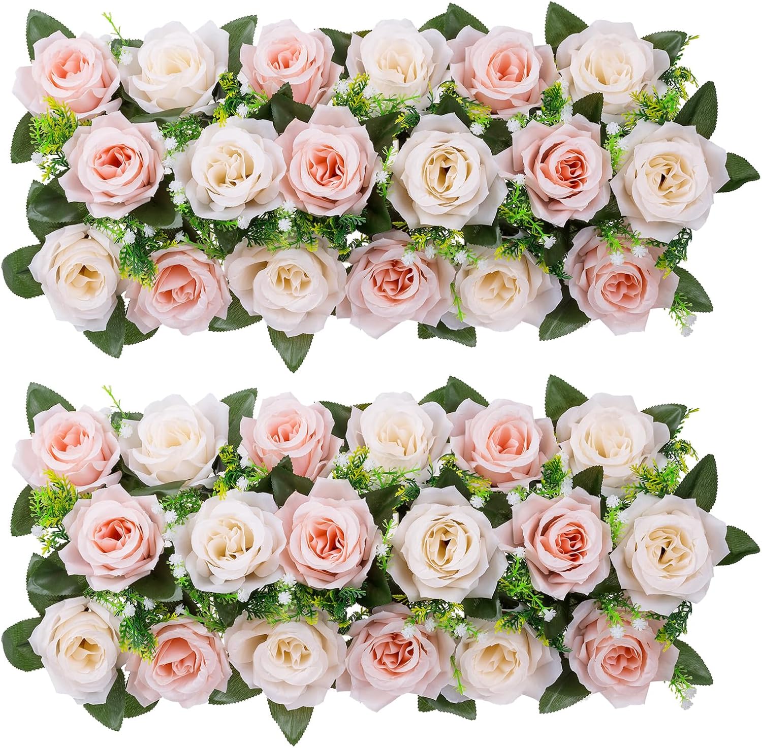 BLOSMON Flores artificiales, centros de mesa de boda, flores falsas, 2 piezas, color blanco rubor y crema, arreglo floral de seda, camino de mesa de