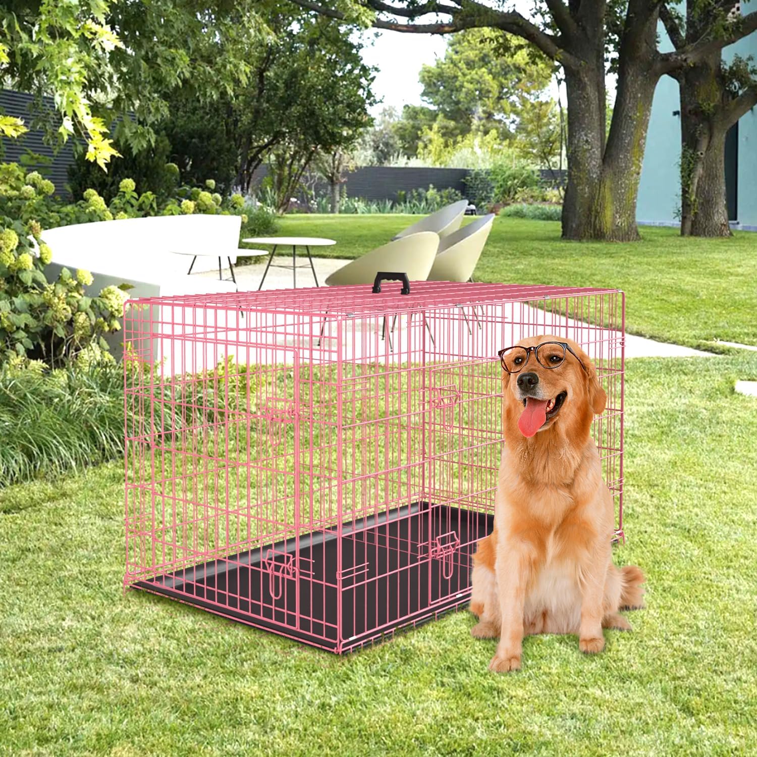 PayLessHere Jaula grande para perros medianos y grandes, jaula de metal para perros de doble puerta, plegable, para interiores y exteriores, con