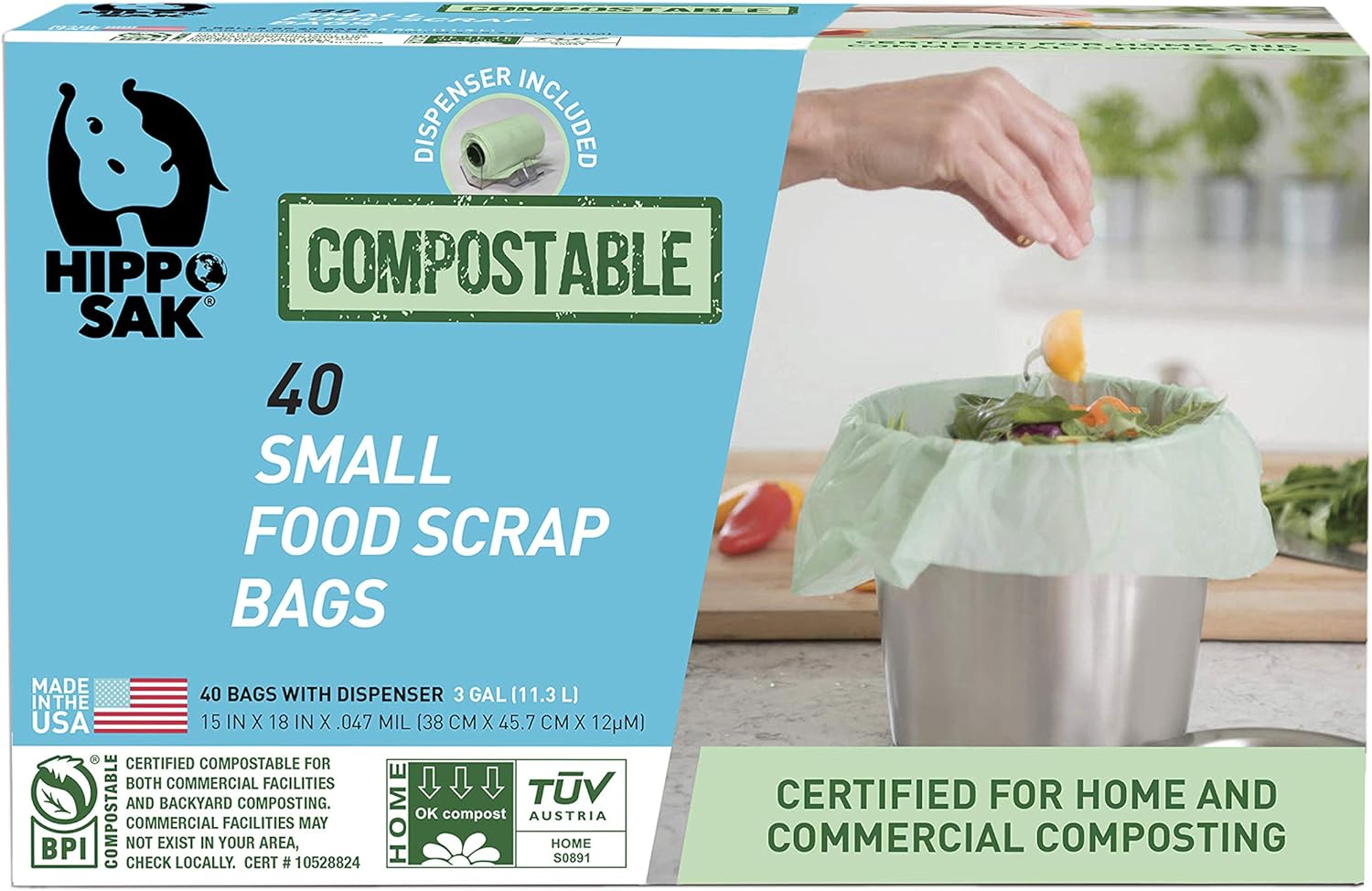 Hippo Sak Bolsas pequeñas compostables para desechos de alimentos, 40 unidades con dispensador
