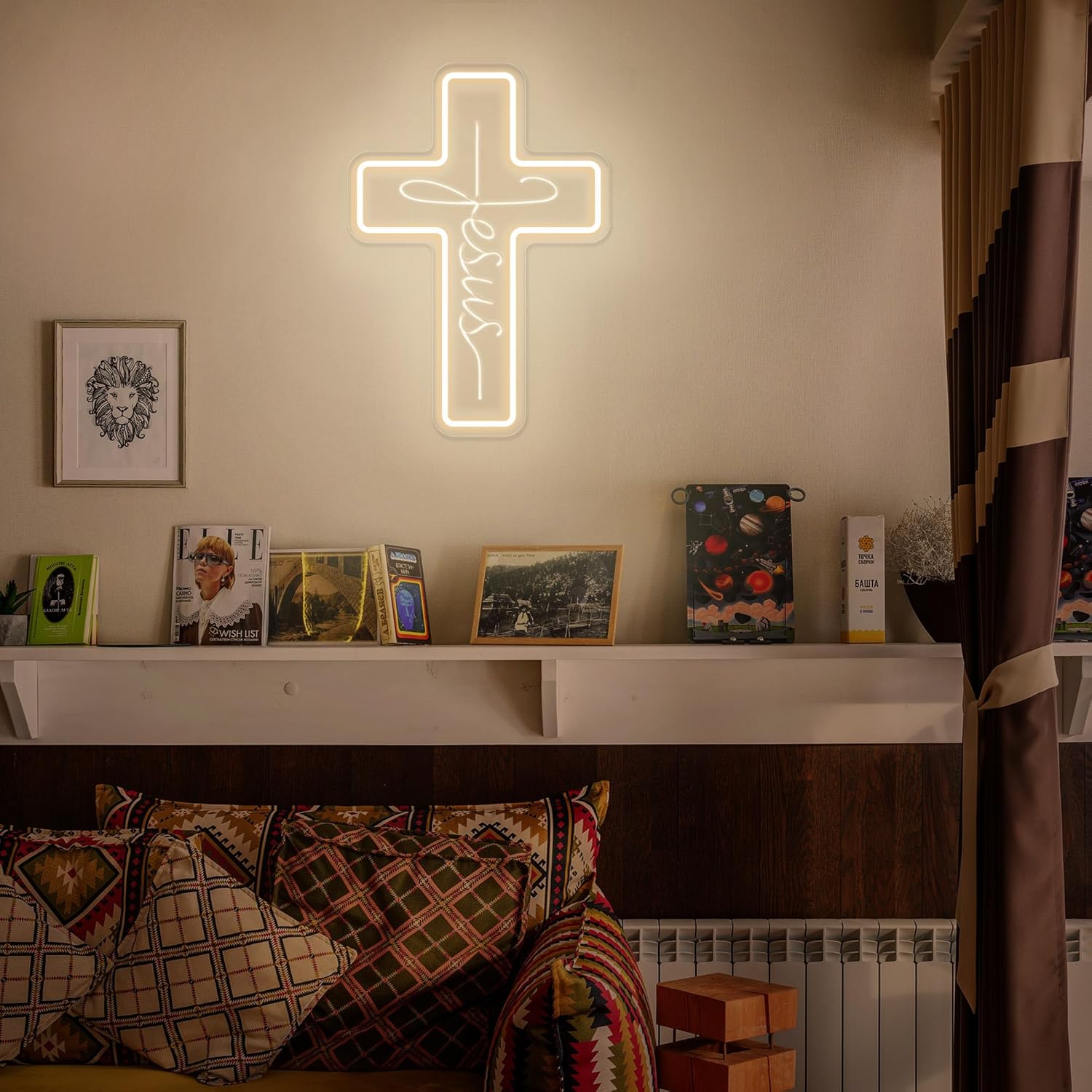 Letreros de neón con cruz de Jesús, decoración de pared LED para dormitorio, sala de estar, bodas, letrero de luz regulable para decoración del