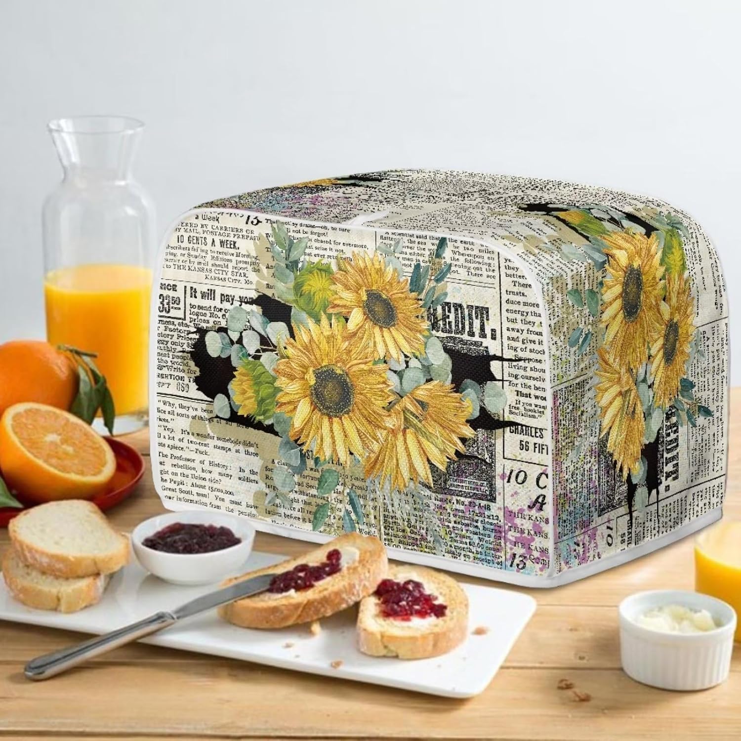 Cubiertas antipolvo retro para tostadora de periódicos con girasoles para electrodomésticos de cocina, cubierta de electrodomésticos de tostadora de