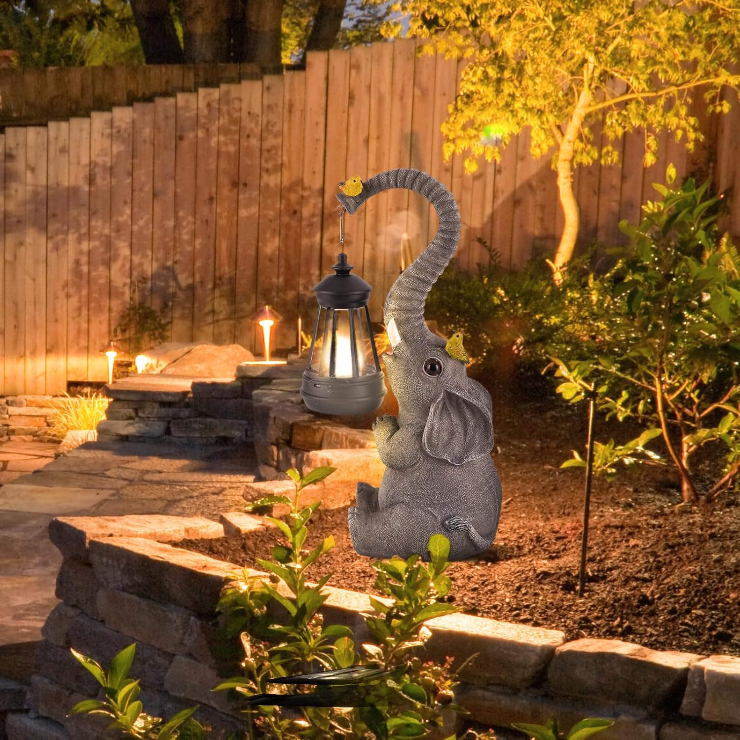 Luces solares de estatuas de jardín al aire libre, figuras de elefante con bonitos pájaros decoración de escultura de jardín, regalos de madre de