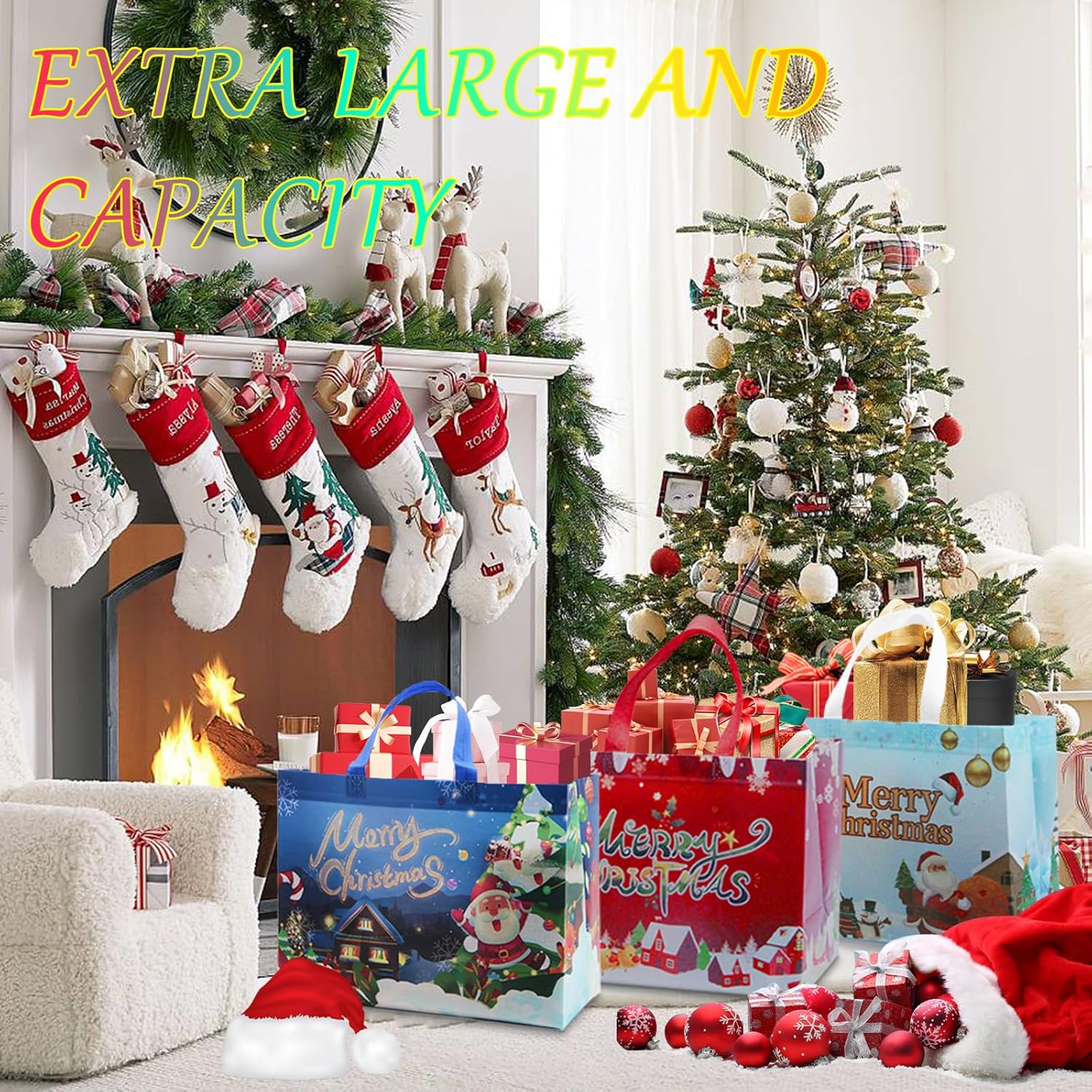 MATONELL 12 bolsas de Navidad grandes para regalo de Navidad con asas, bolsas reutilizables de Navidad no tejidas, bolsas de compras para