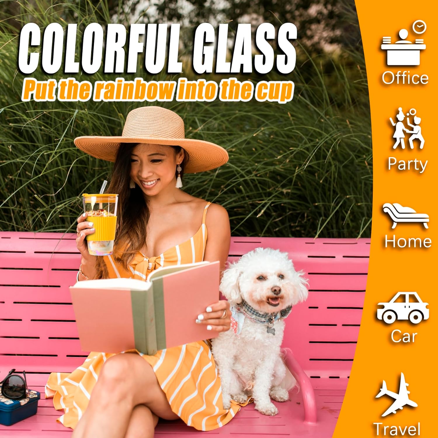 KOPWVA Vaso de vidrio de 15 onzas con popote y tapa de vidrio, taza de café helado Aurora de 15.2 fl oz con funda protectora de silicona, cabe en