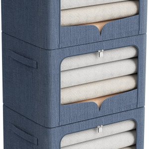 Paquete de 3 contenedores de almacenamiento de ropa, caja de almacenamiento plegable grande con marco de metal, organizador apilable de tela de lino Paquete de 3 contenedores de almacenamiento de ropa, caja de almacenamiento plegable grande con marco de metal, organizador apilable de tela de lino