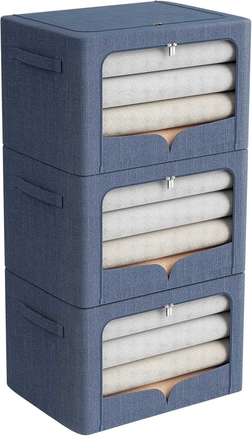 Paquete de 3 contenedores de almacenamiento de ropa, caja de almacenamiento plegable grande con marco de metal, organizador apilable de tela de lino