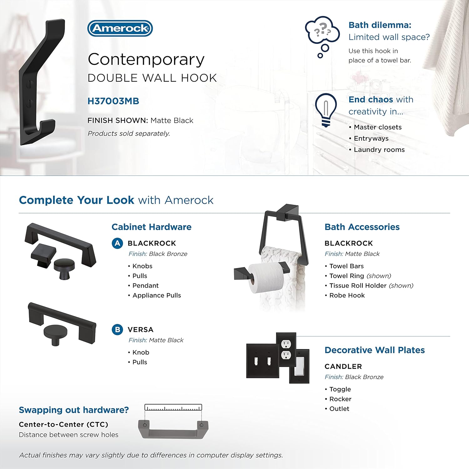 Amerock H37003MB  Gancho decorativo de pared Emerge de doble punta, gancho negro mate para abrigos, sombreros, mochilas, bolsas  Ganchos para baño,