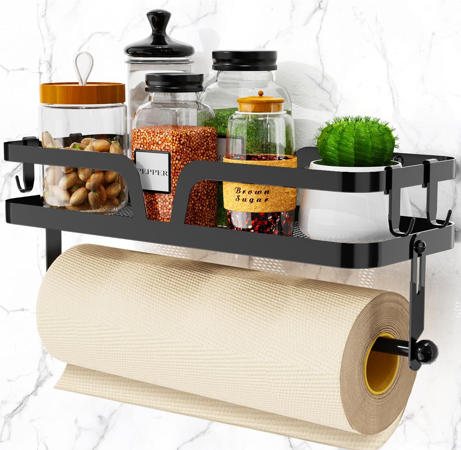 Taozun Soporte para toallas de papel con estante, soporte para papel de cocina, estante para especias, soporte para rollos de papel negro, soporte