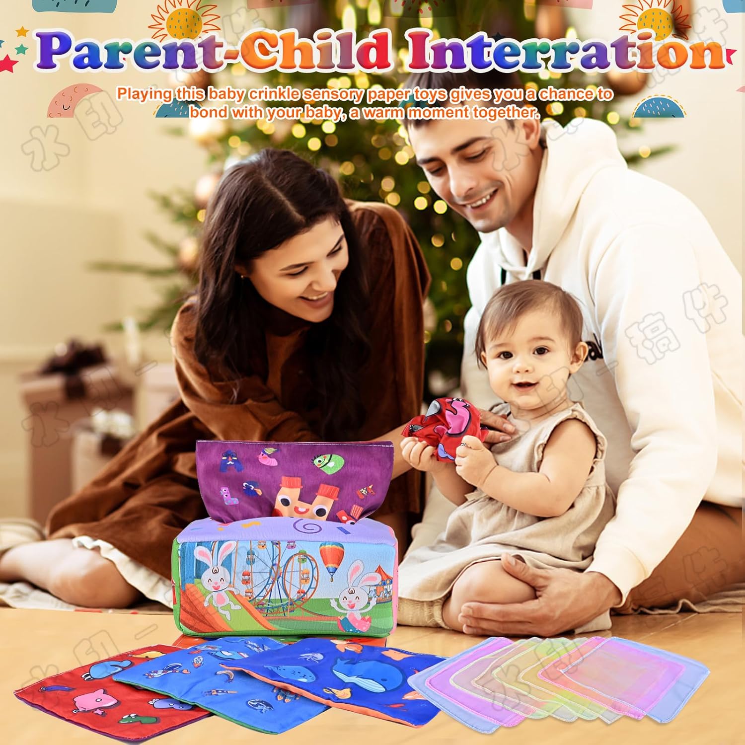 ANOOVV Caja de pañuelos para bebé, juguetes Montessori de 6 a 12 meses, juguetes Montessori para bebés, juguetes suaves de relleno de colores de
