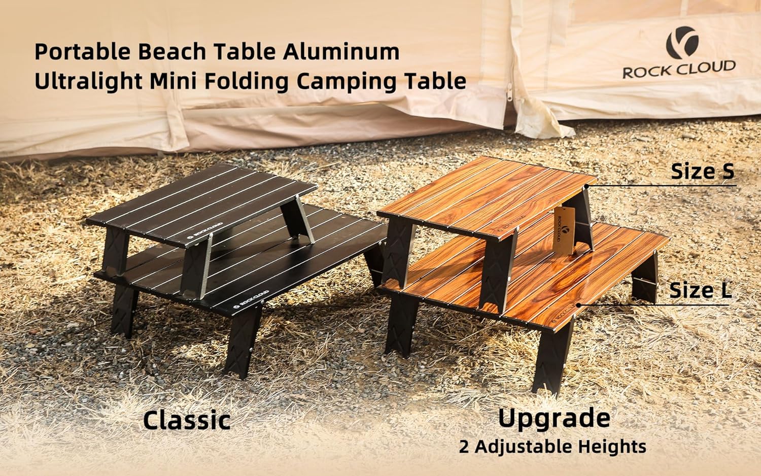 ROCK CLOUD Mesa de playa plegable y compacta ultraligera de dos alturas de aluminio ajustable Mini mesa de camping portátil (negro – grande)