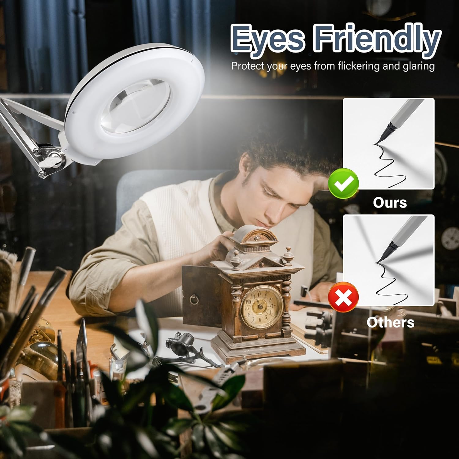 Gynnx Lámpara de aumento LED, lámpara de escritorio con lupa regulable 10X, lente de lupa de 5 pulgadas con 120 LED brillantes, base de soporte