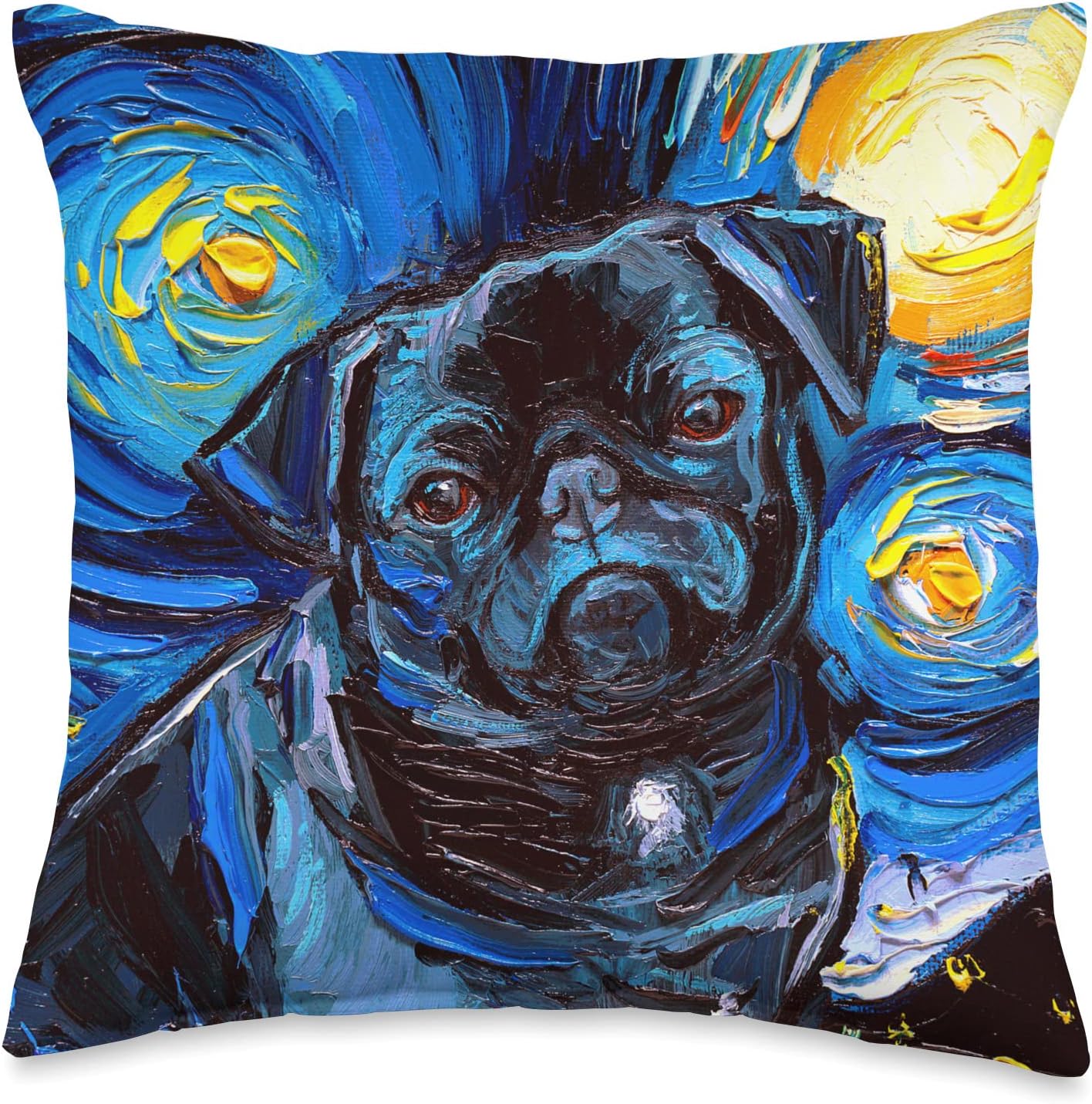 Black Pug Starry Night Cute Little Dog Art by Aja Throw Pillow, 16 x 16 pulgadas, multicolor