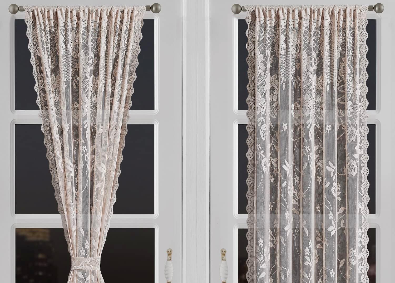 LinenZone Cortinas de lino dorado para puerta francesa con elegante diseño floral. Cada par de 2 cortinas de 30 x 72 pulgadas de largo vienen con 2