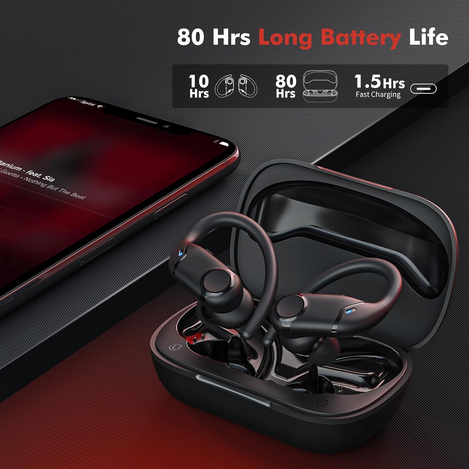 Auriculares inalámbricos Bluetooth de reproducción de 80 horas con estuche de carga inalámbrica y pantalla de alimentación dual Auriculares estéreo