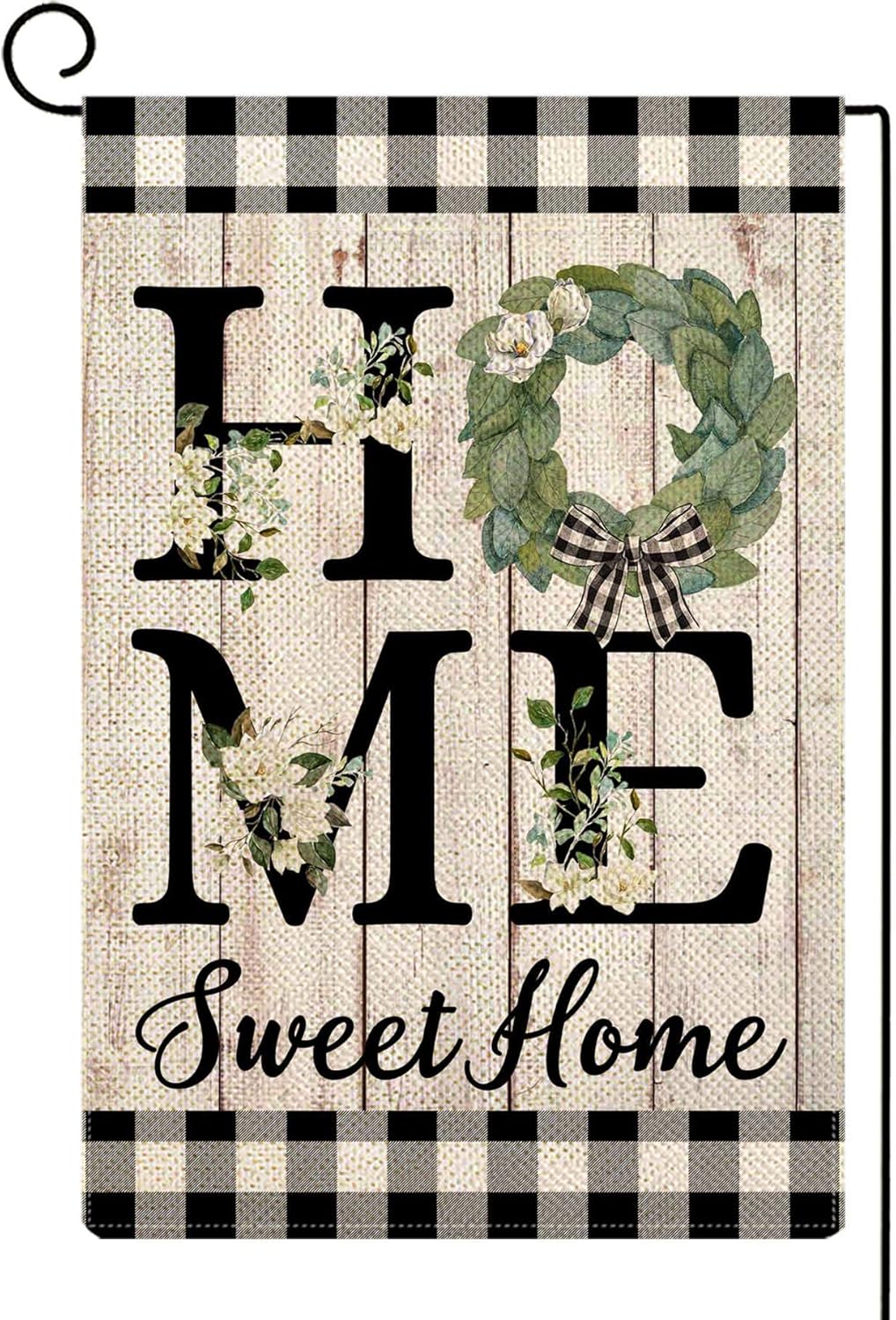 ORTIGIA Home Sweet Home Magnolia – Bandera de jardín pequeña de arpillera vertical de doble cara de primavera, granja, rústico, búfalo a cuadros,