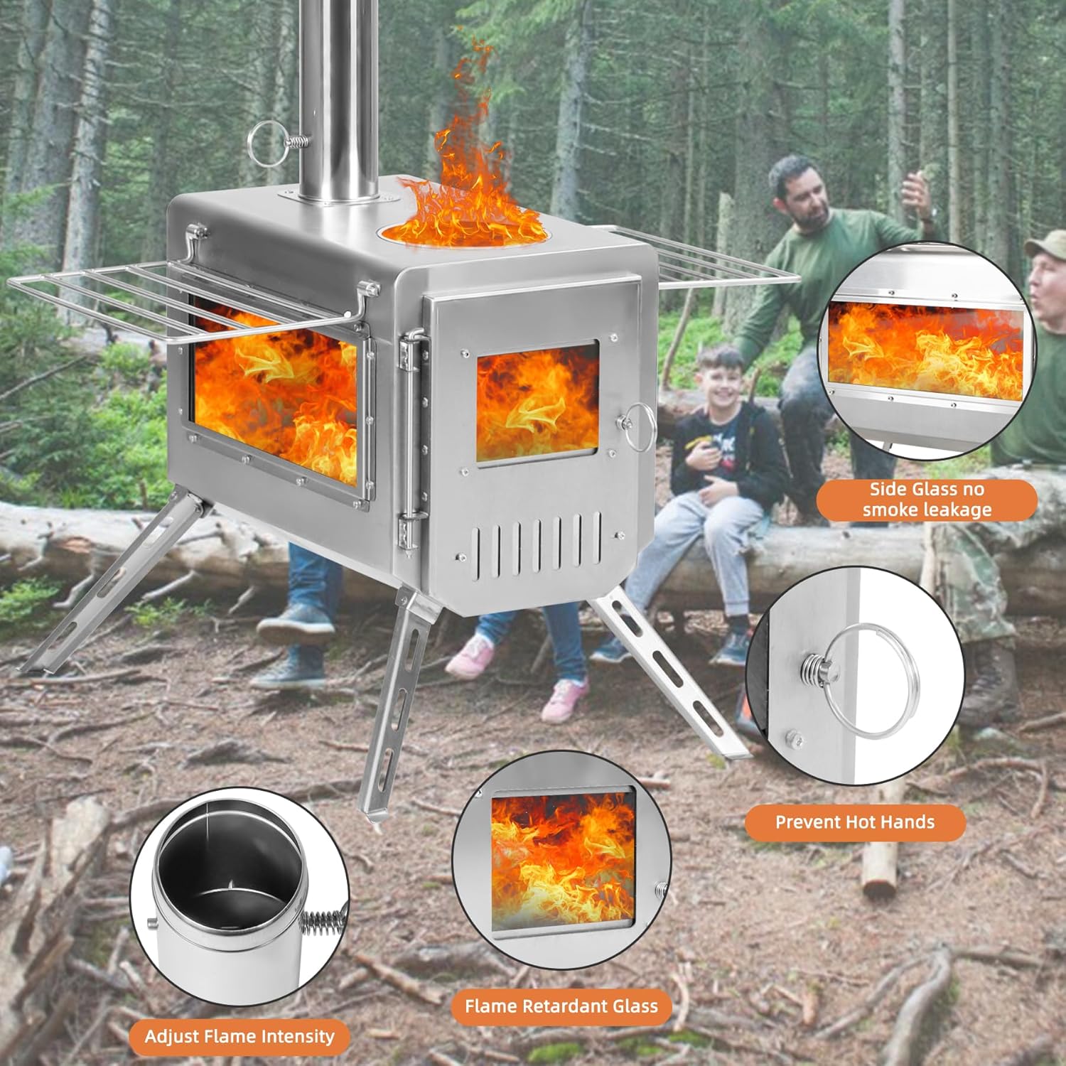 Estufa de leña portátil de acero inoxidable para exteriores, estufa de calefacción de gran tamaño de 22 pulgadas para tienda de campaña, camping,