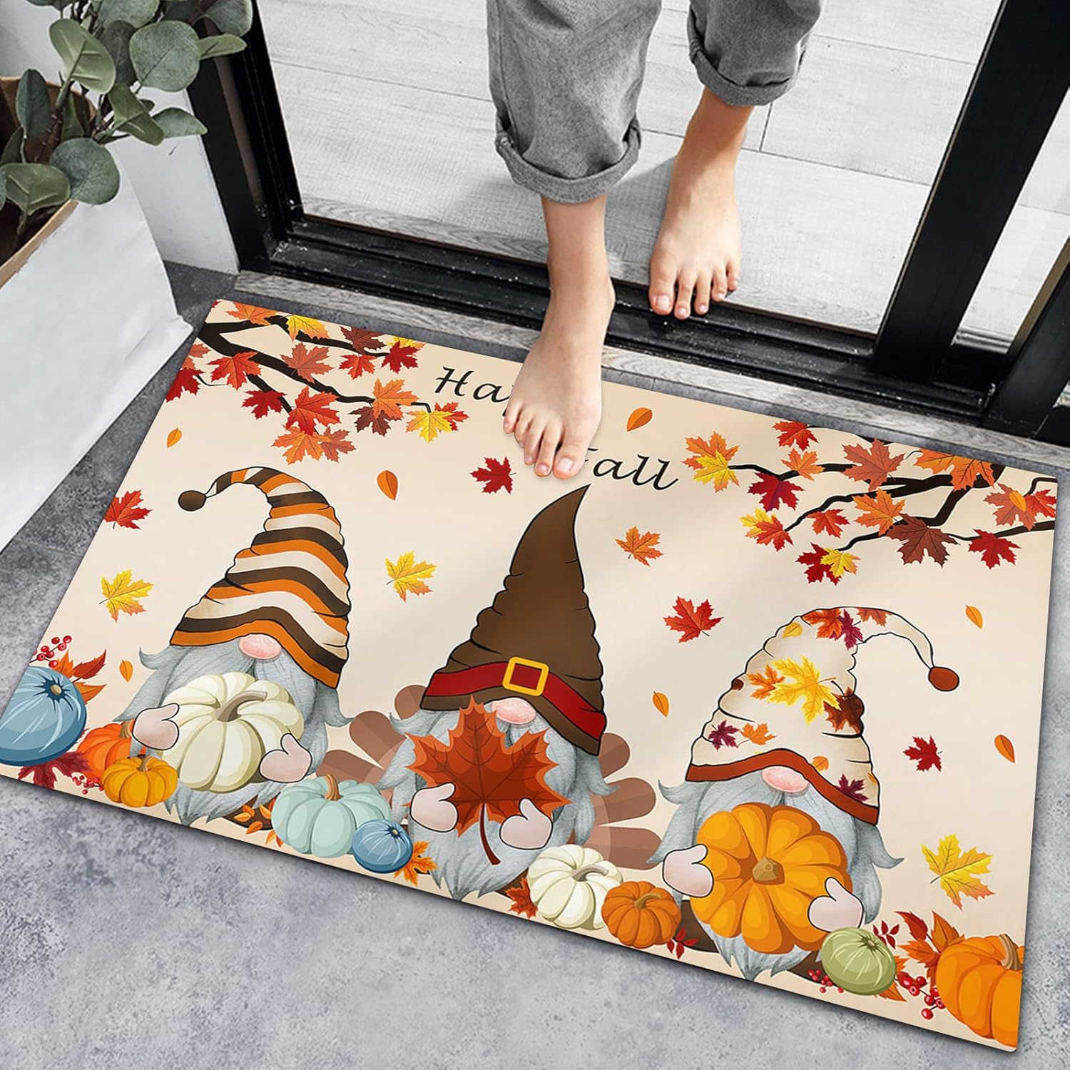 Bath Rugs Entrance Non Slip Front Door Mat Gnome Happy Fall Maple Leaf Thanksgiving Pumpkin Kitchen Carpets Farm Harvest Floor Mats for Bathroom