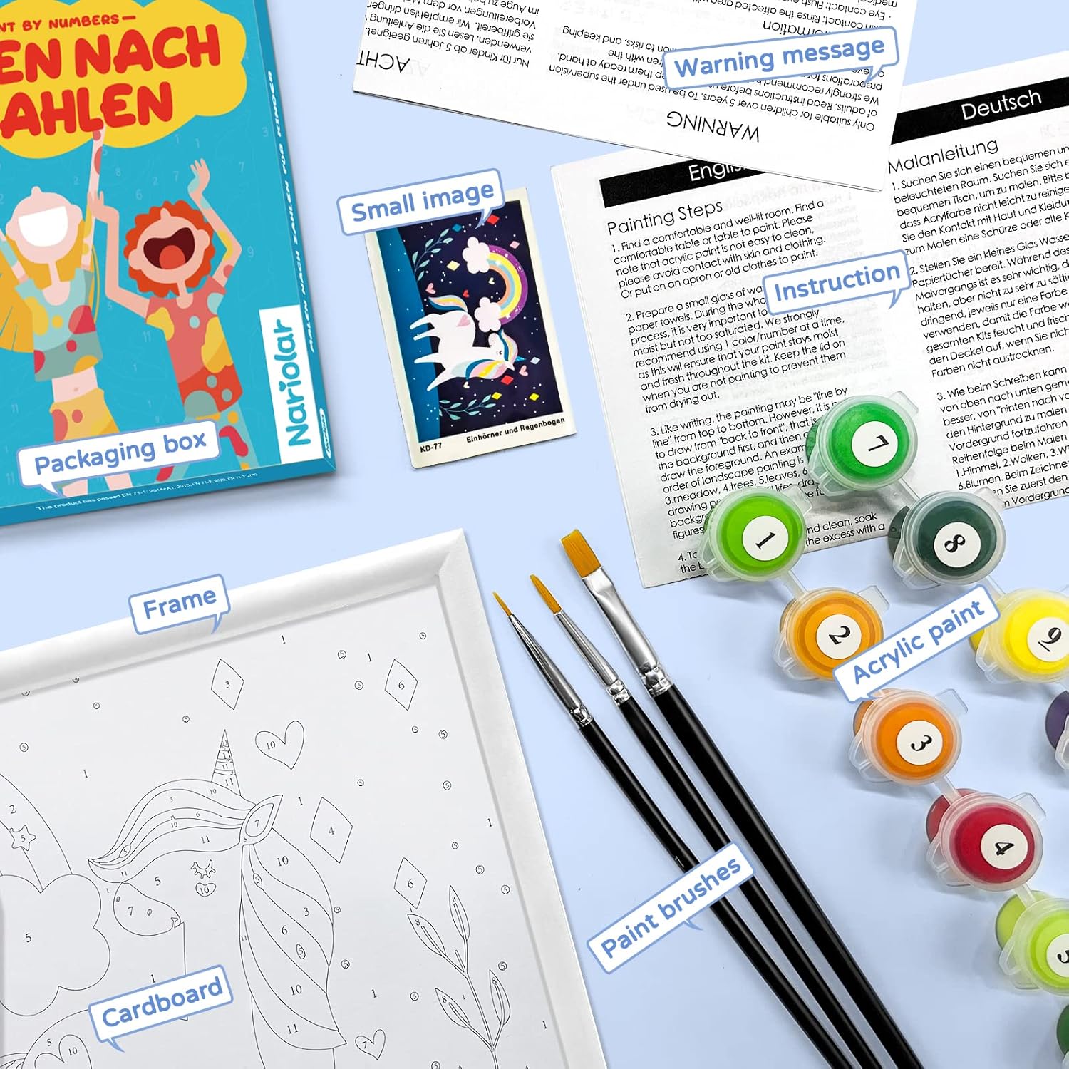 Nariolar Pintura por números para niños de 8 a 12 años con cartón preimpreso de 7 x 9.5 pulgadas, 12 macetas de pintura acrílica y 3 pinceles de