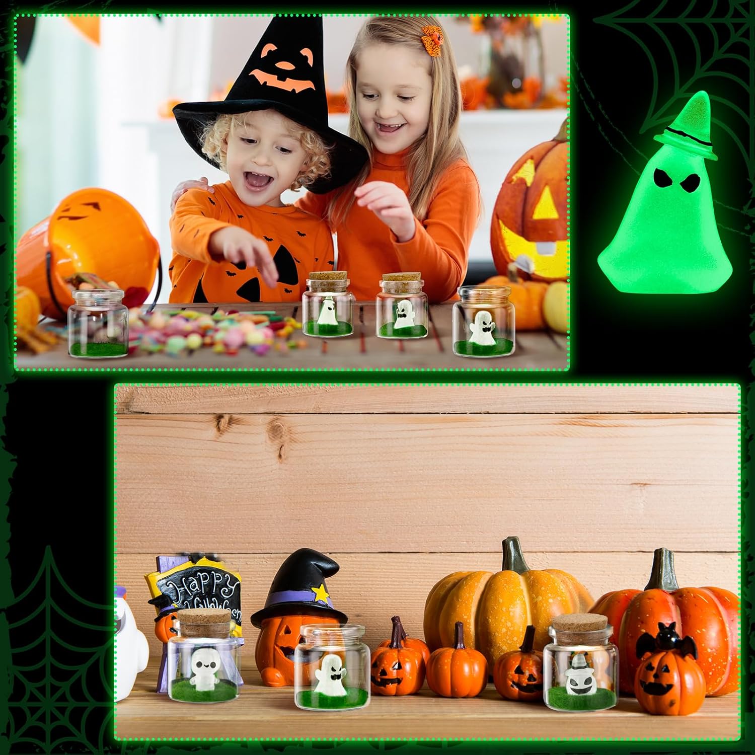 Poen 10 juegos de fantasmas de Halloween en un tarro de masón que brilla en la oscuridad, pequeño fantasma con botella miniatura de corcho con momia