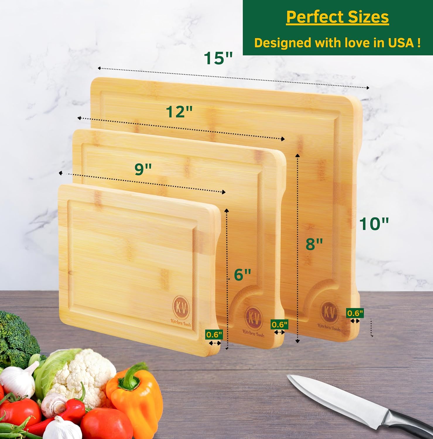 Juego de 3 tablas de cortar de bambú para cocina, juego de 3 tablas de cortar de bambú con ranura para jugo y asas laterales, tabla de cortar gruesa
