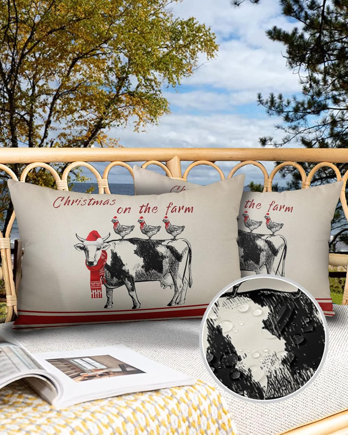 2 Packs Throw Pillow Covers Rectangle 20″ x 12″, Christmas on The Farm Farm Animal Cow Chicken Vintage Waterproof Couch Cushion Cover for Sofa