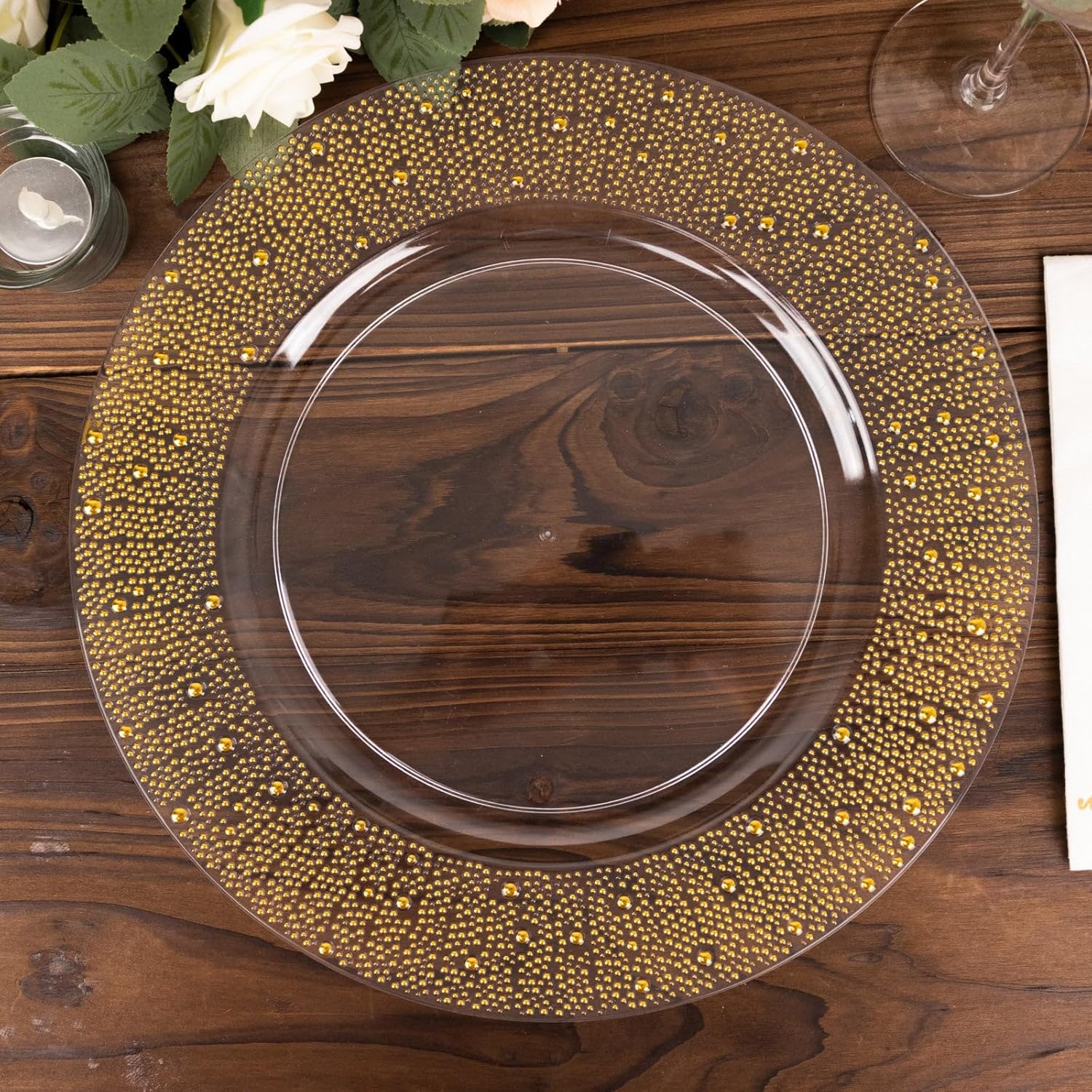 Efavormart – Paquete de 6 platos de plástico con cuentas de perlas doradas y transparentes de 13 pulgadas, platos desechables redondos con borde
