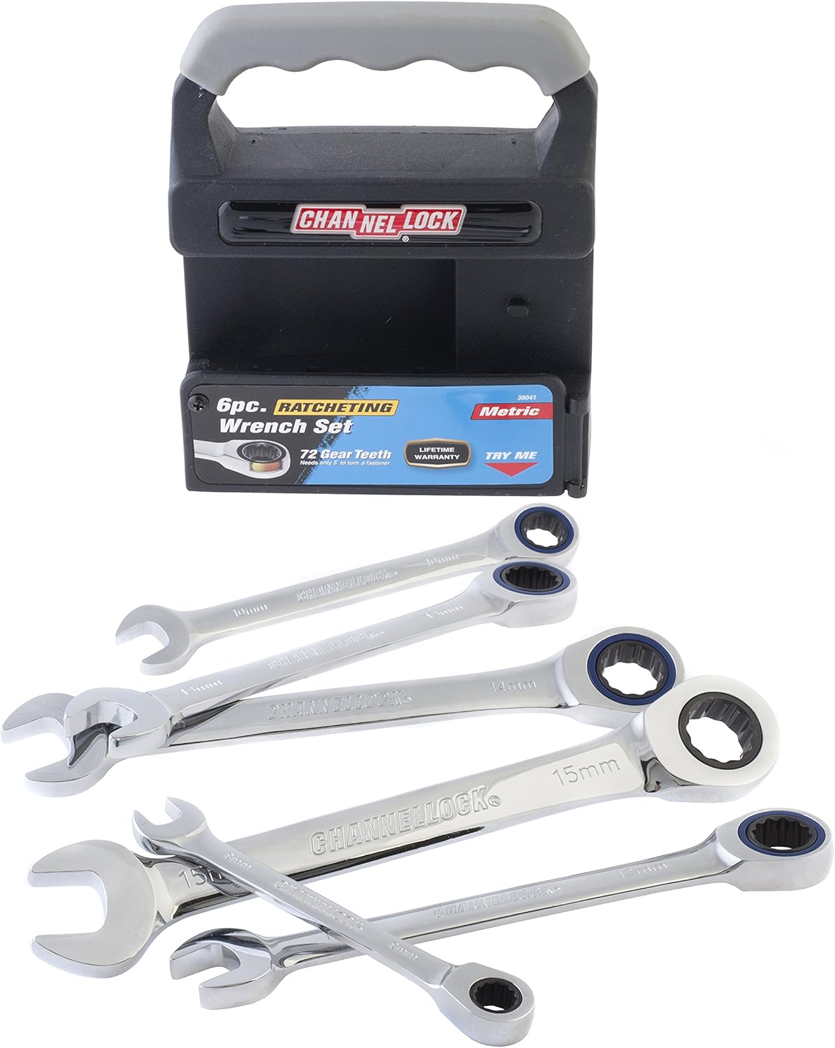 Channellock 38041 Juego de llaves de trinquete métricas en bastidor, 6 piezas, color plateado