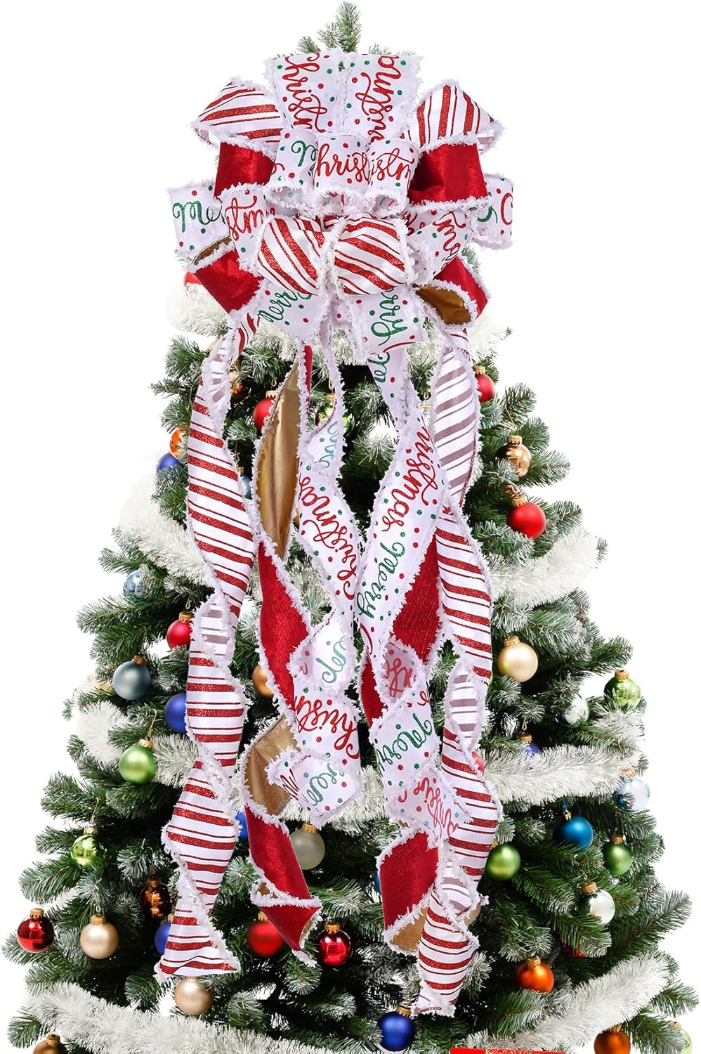 Decoración para árbol de Navidad, lazo de corona de Navidad, 45 x 12 pulgadas, arpillera grande con borde de poliéster blanco y rojo, lazo de regalo