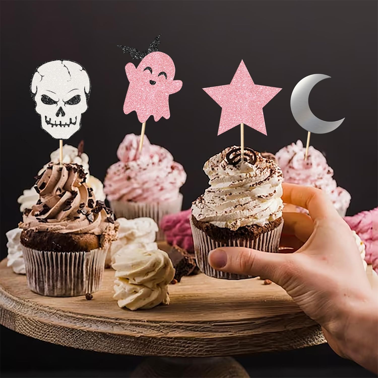 Rsstarxi Paquete de 32 adornos para cupcakes de Halloween, color rosa y negro, murciélago, fantasma, pequeño abucheo, cupcakes, palillos de comida