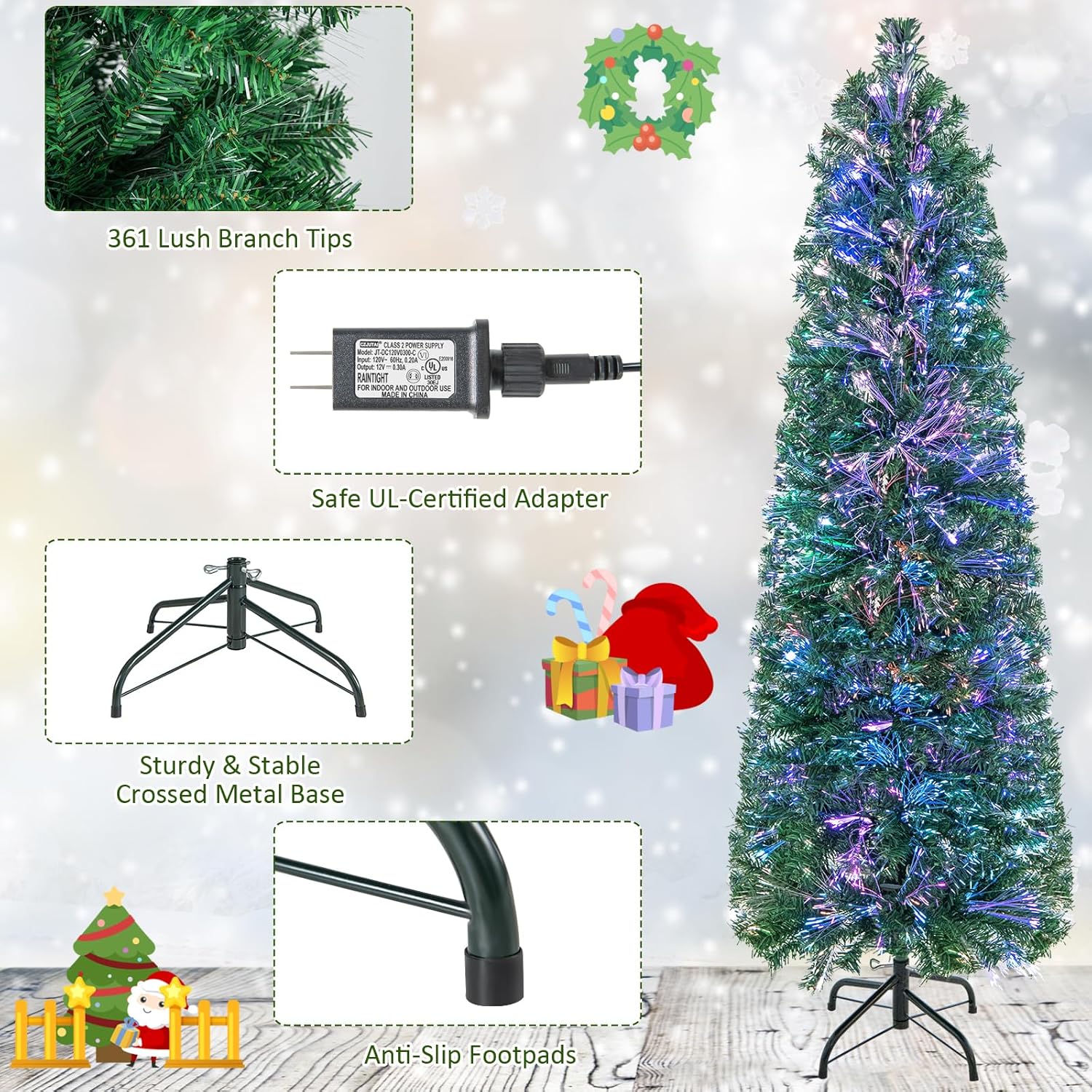 Goplus Árbol de Navidad de lápiz de fibra óptica de 5 pies, árbol de Navidad artificial delgado preiluminado con luces de colores, 361 puntas de
