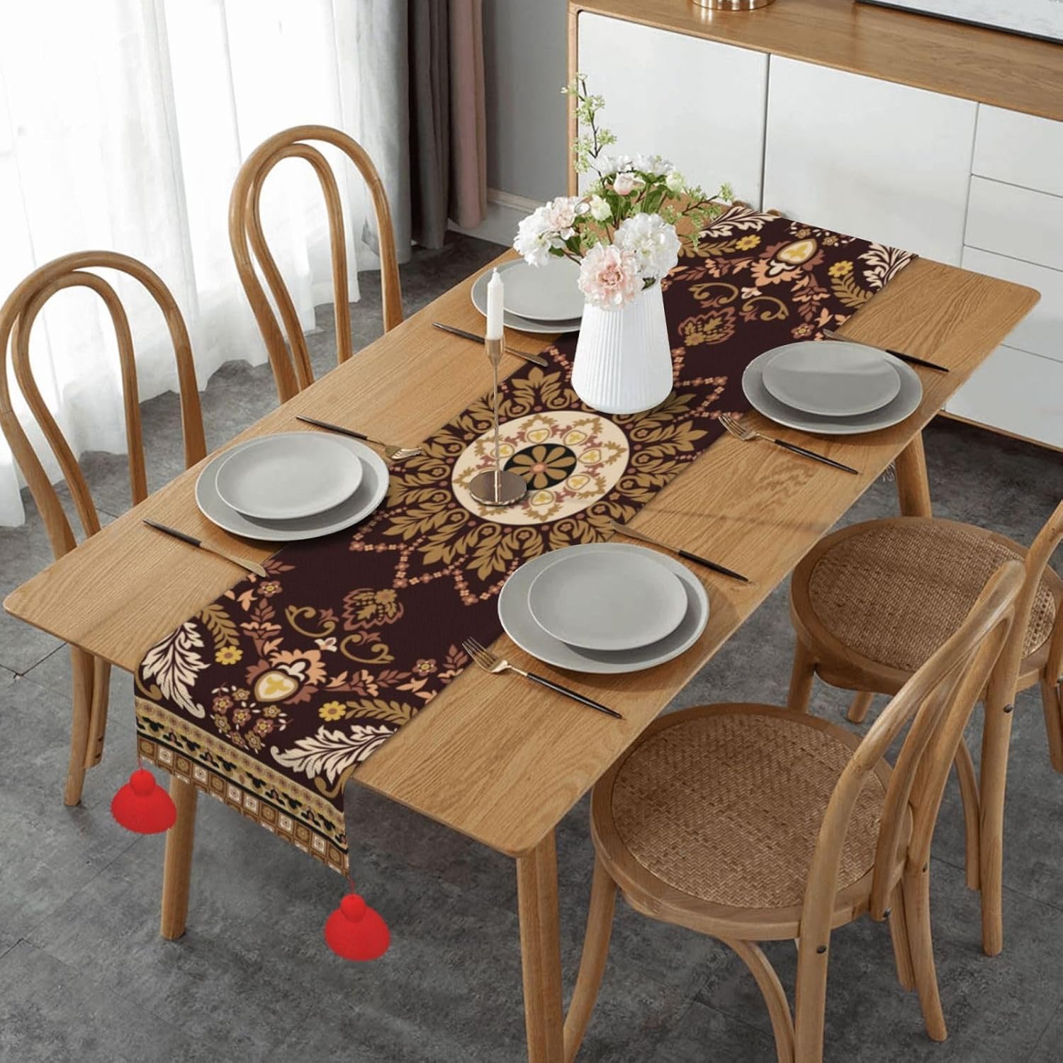 Camino de mesa de Navidad con mandala retro, decoración de mesa de comedor, decoración de Navidad, decoración de interiores del hogar, caminos de