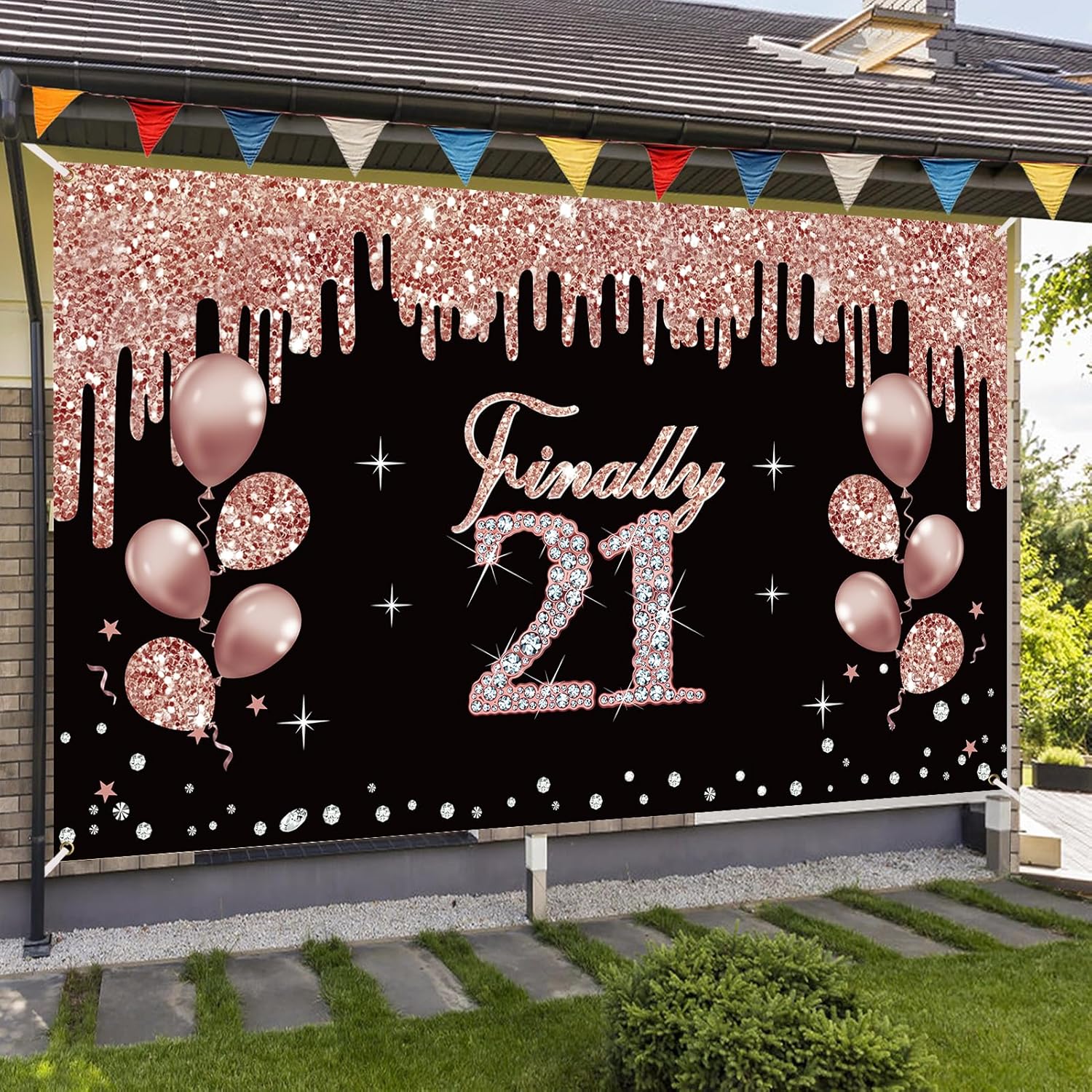 Decoraciones de cumpleaños número 21 para mujer, cartel de cumpleaños de 21 años de oro rosa, suministros de fiesta, fondo de cumpleaños de veintiún