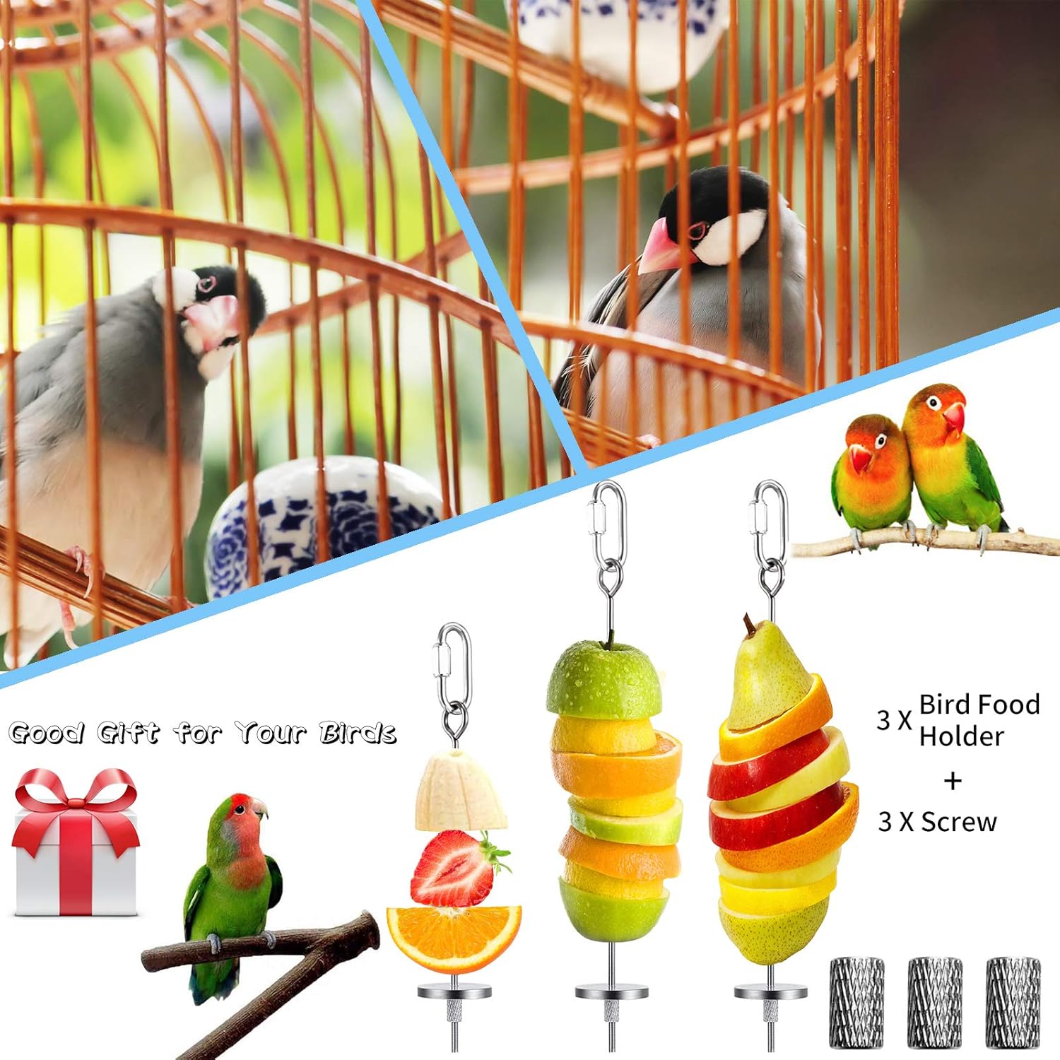 3 piezas de soporte para alimentos para pájaros, juguete de comedero de pájaros, acero inoxidable para animales pequeños, brocheta de frutas y