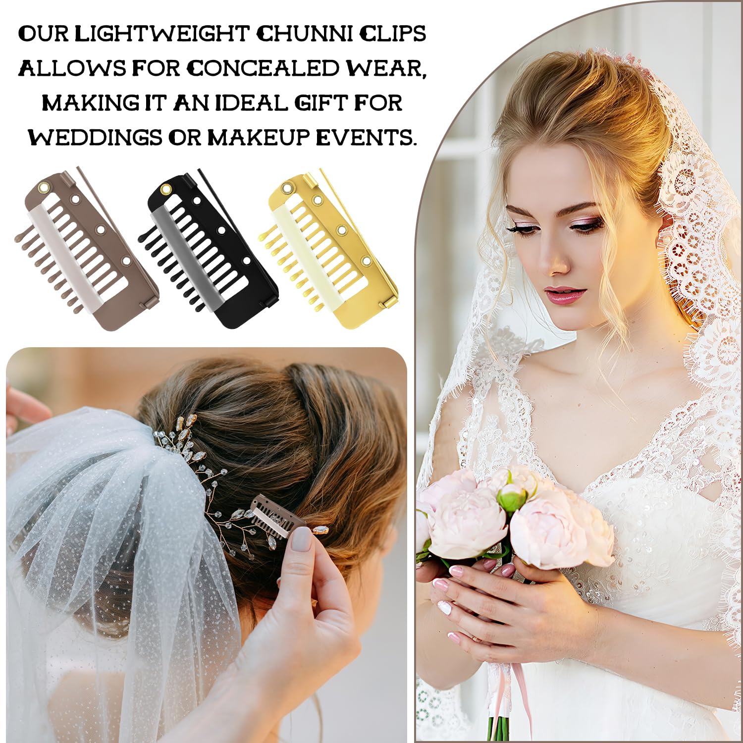 Chunni Dupatta Clips con pasador de seguridad, 10 dientes fuerte Chunni Grip Clip de pelo para extensiones de cabello, Duppatta Hack Hijab Tikka