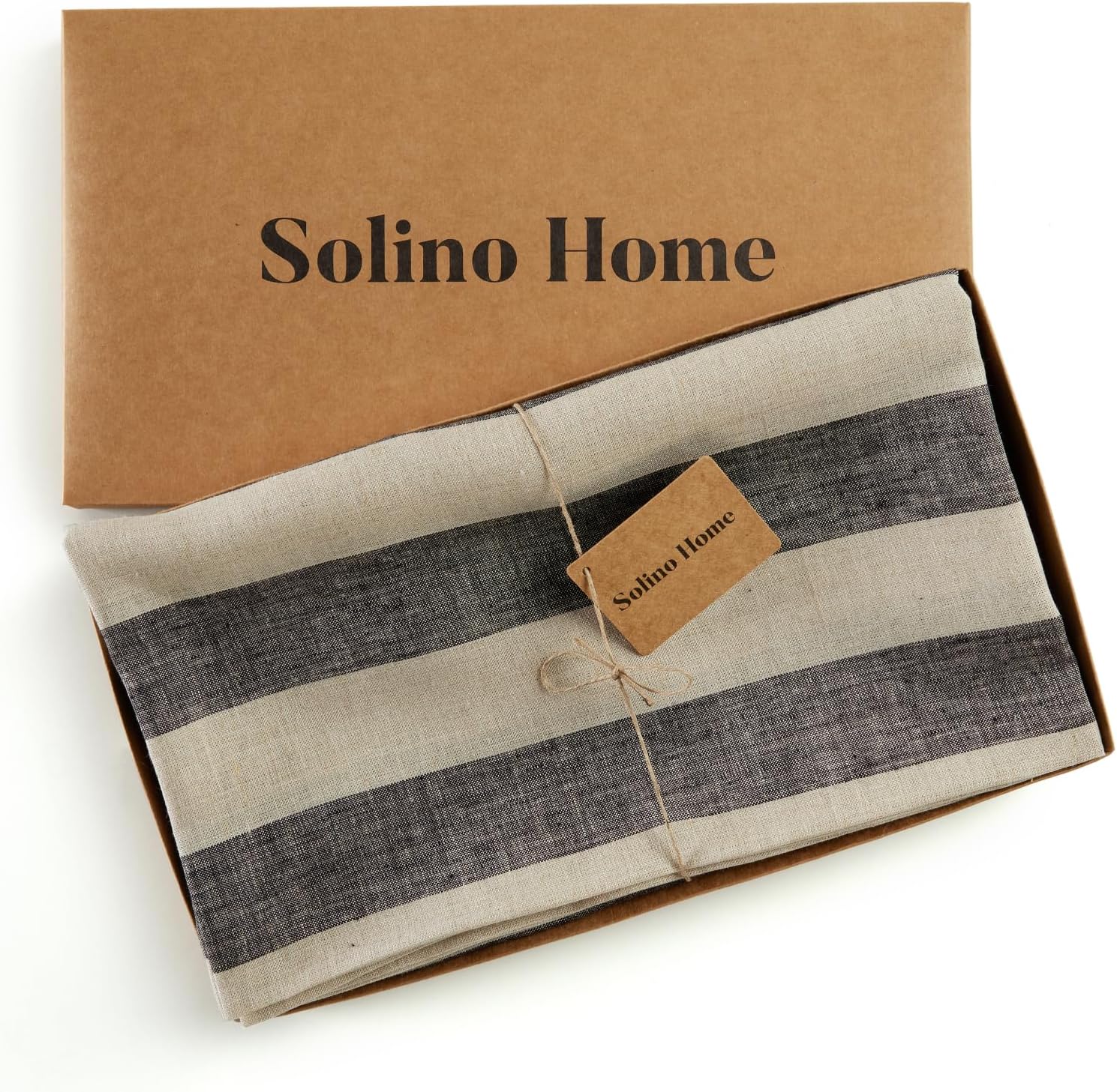Solino Home Mantel redondo de lino de 60 pulgadas, color negro y natural, 100% lino puro, a rayas, lavable a máquina, para interiores y exteriores,
