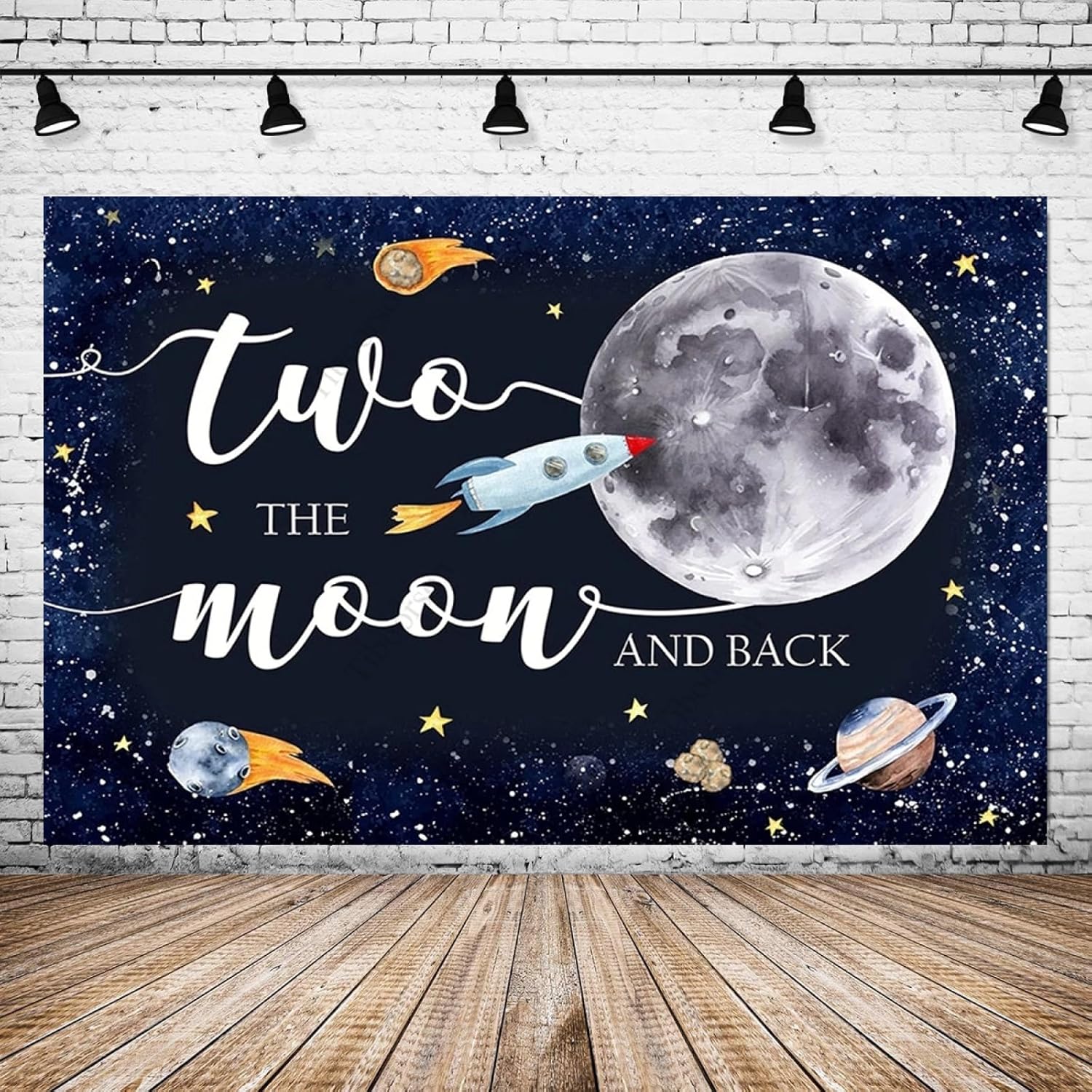 Fondo de feliz cumpleaños del espacio exterior con texto en inglés “Two The Moon”, decoración de fiesta de cumpleaños para niños, espacio exterior,