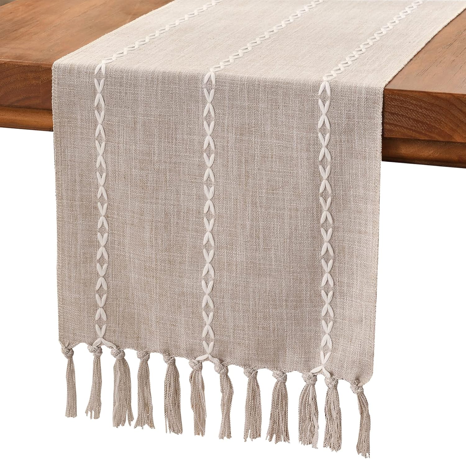 Wracra Camino de mesa de lino rústico estilo granja, camino de mesa bordado de 60 pulgadas de largo con borlas a mano para fiestas, decoración de