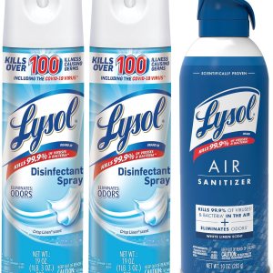 Lysol Paquete que contiene 2 aerosoles desinfectantes Lysol para superficies duras y suaves, lino crujiente, 19 onzas líquidas + Lysol Air Sanitizer Lysol Paquete que contiene 2 aerosoles desinfectantes Lysol para superficies duras y suaves, lino crujiente, 19 onzas líquidas + Lysol Air Sanitizer