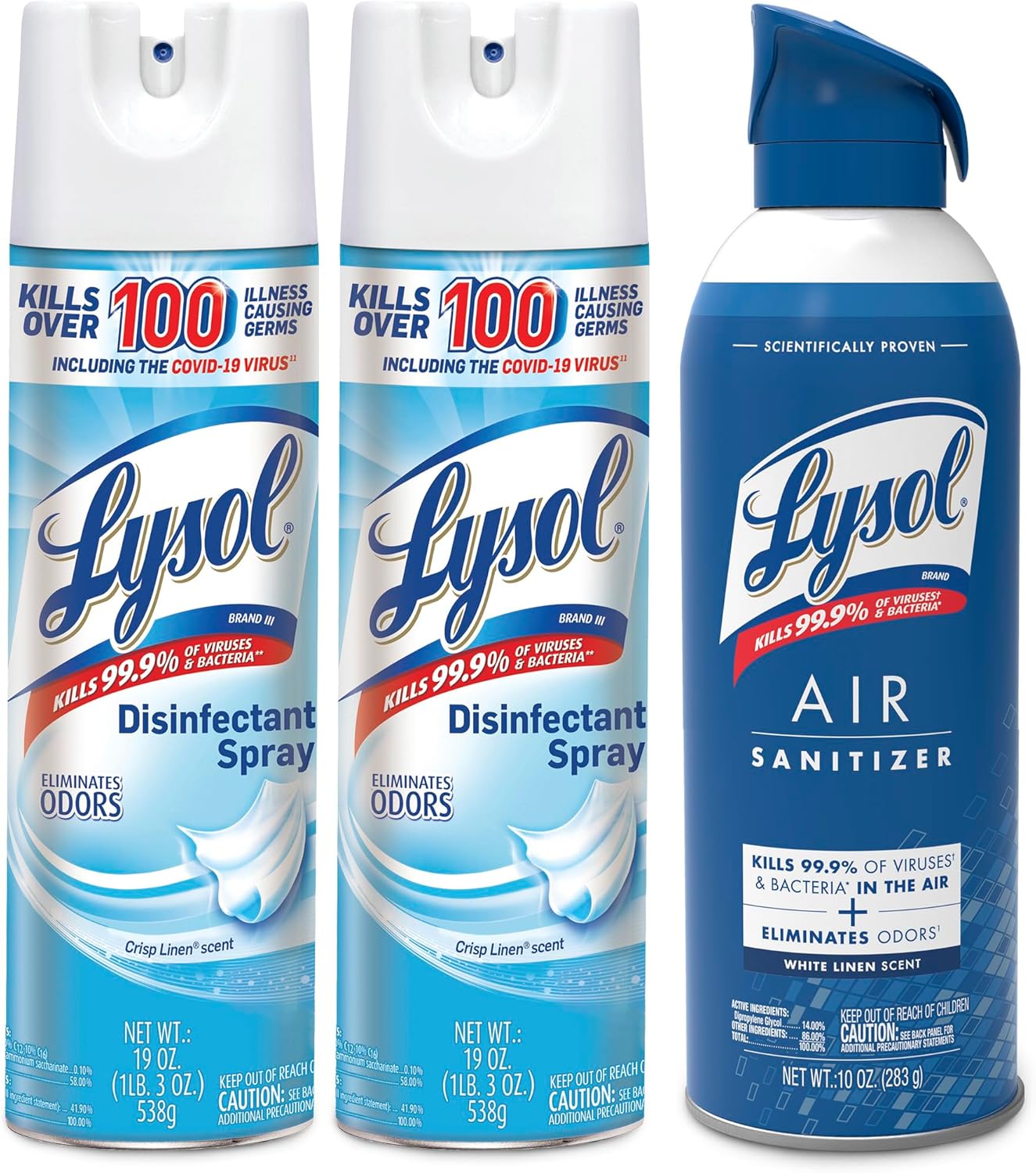 Lysol Paquete que contiene 2 aerosoles desinfectantes Lysol para superficies duras y suaves, lino crujiente, 19 onzas líquidas + Lysol Air Sanitizer